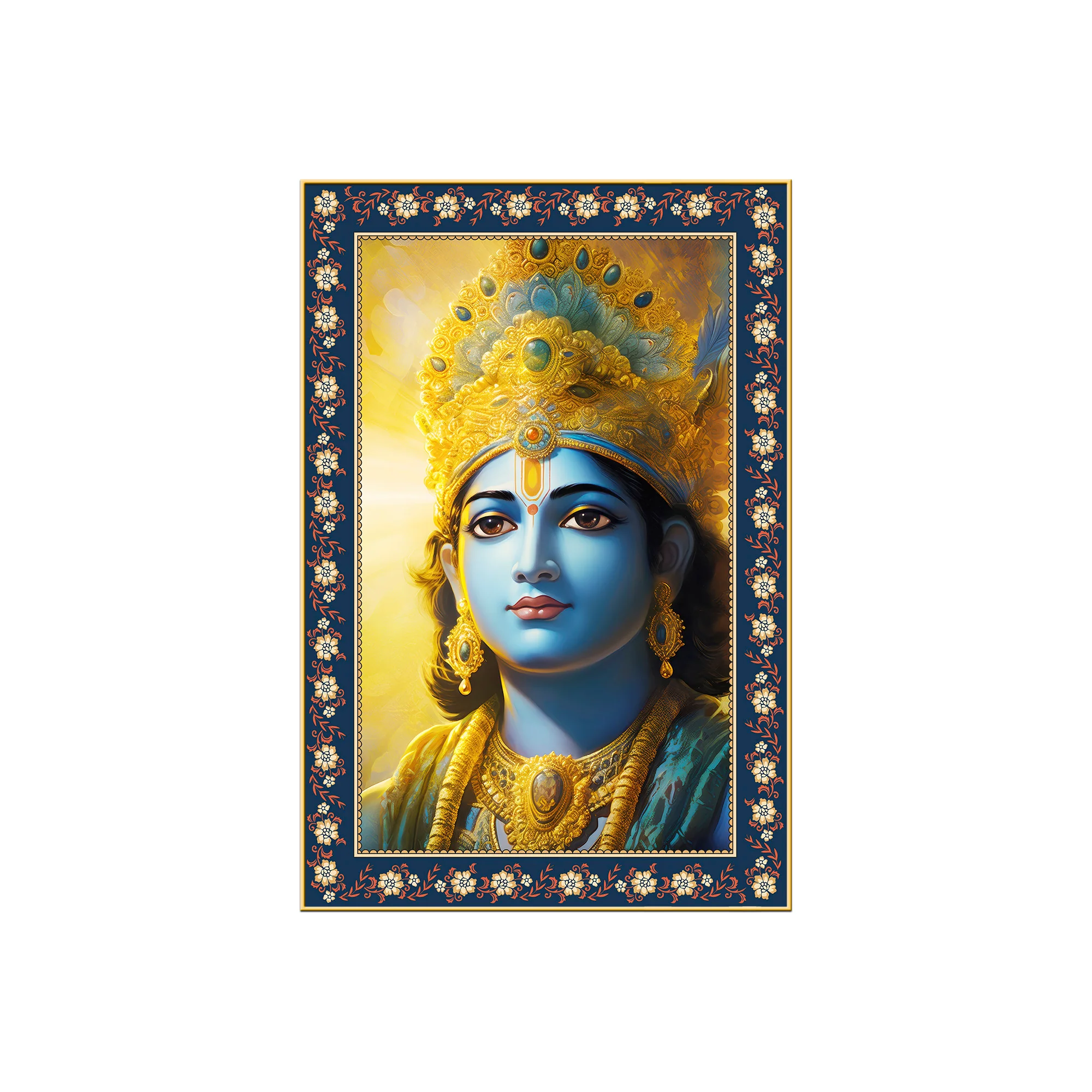 Lord Krishna Sacred and Devotion Floral Border Vertical Wall Painting - Image 4