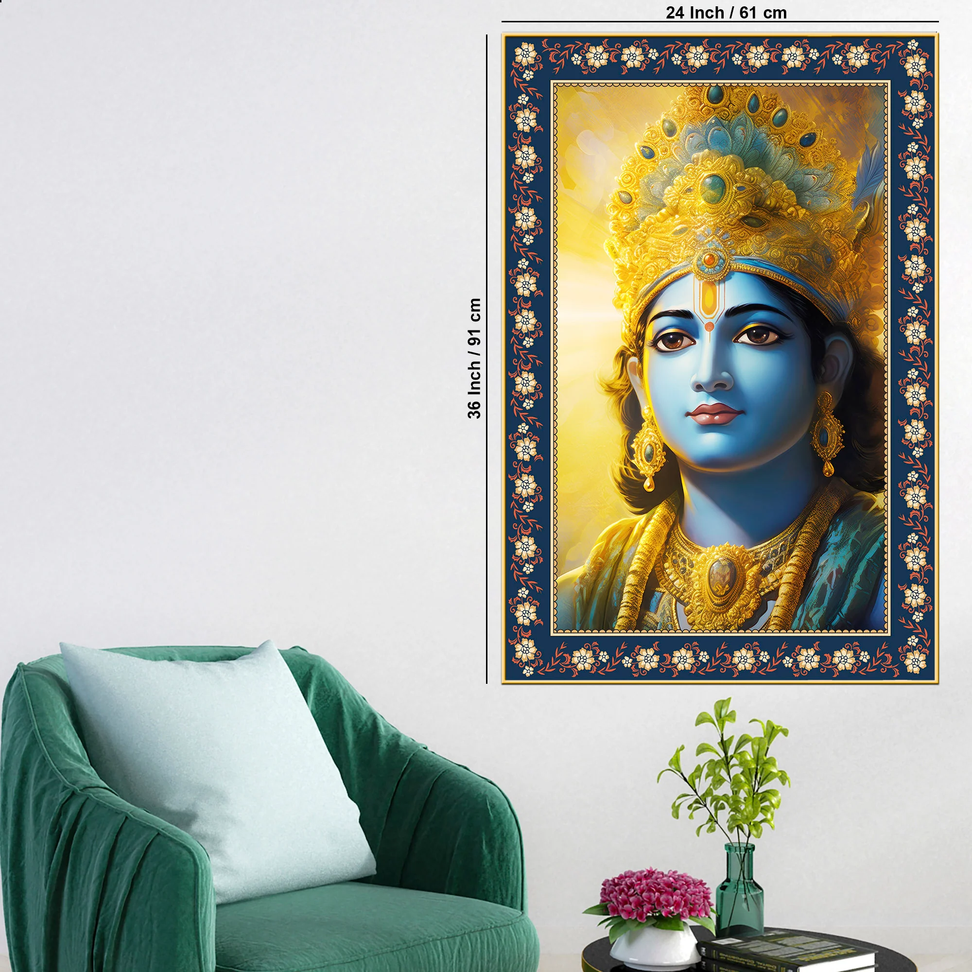 Lord Krishna Sacred and Devotion Floral Border Vertical Wall Painting - Image 6