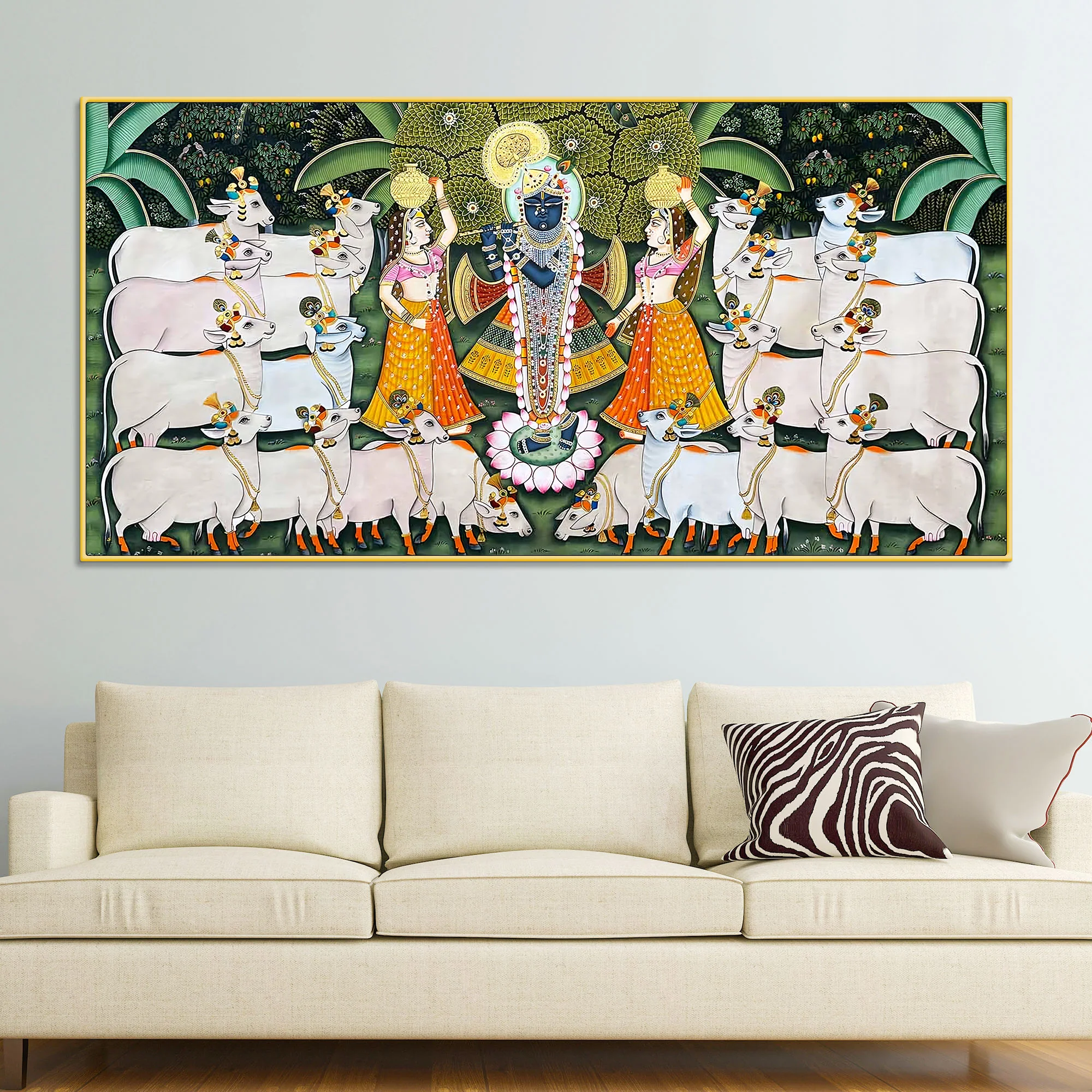 Lord Krishna Shreenathji with Gau Mata and Devotees Pichwai Canvas Wall Painting