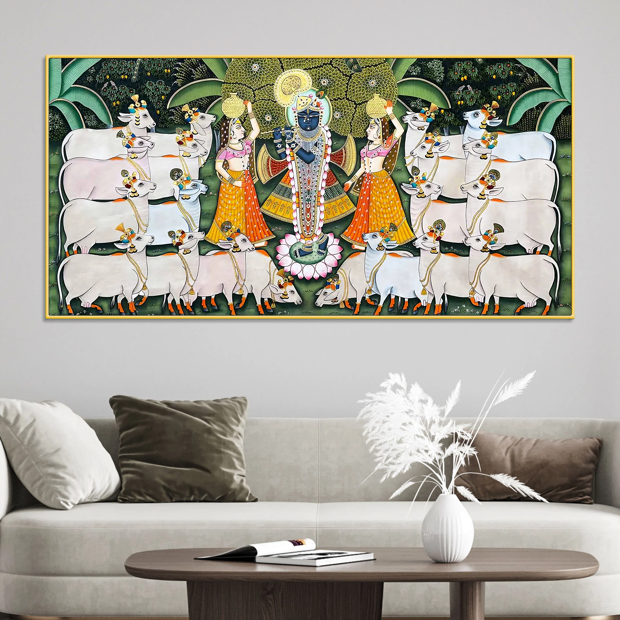 Lord Krishna Shreenathji with Gau Mata and Devotees Pichwai Canvas Wall Painting - Image 2