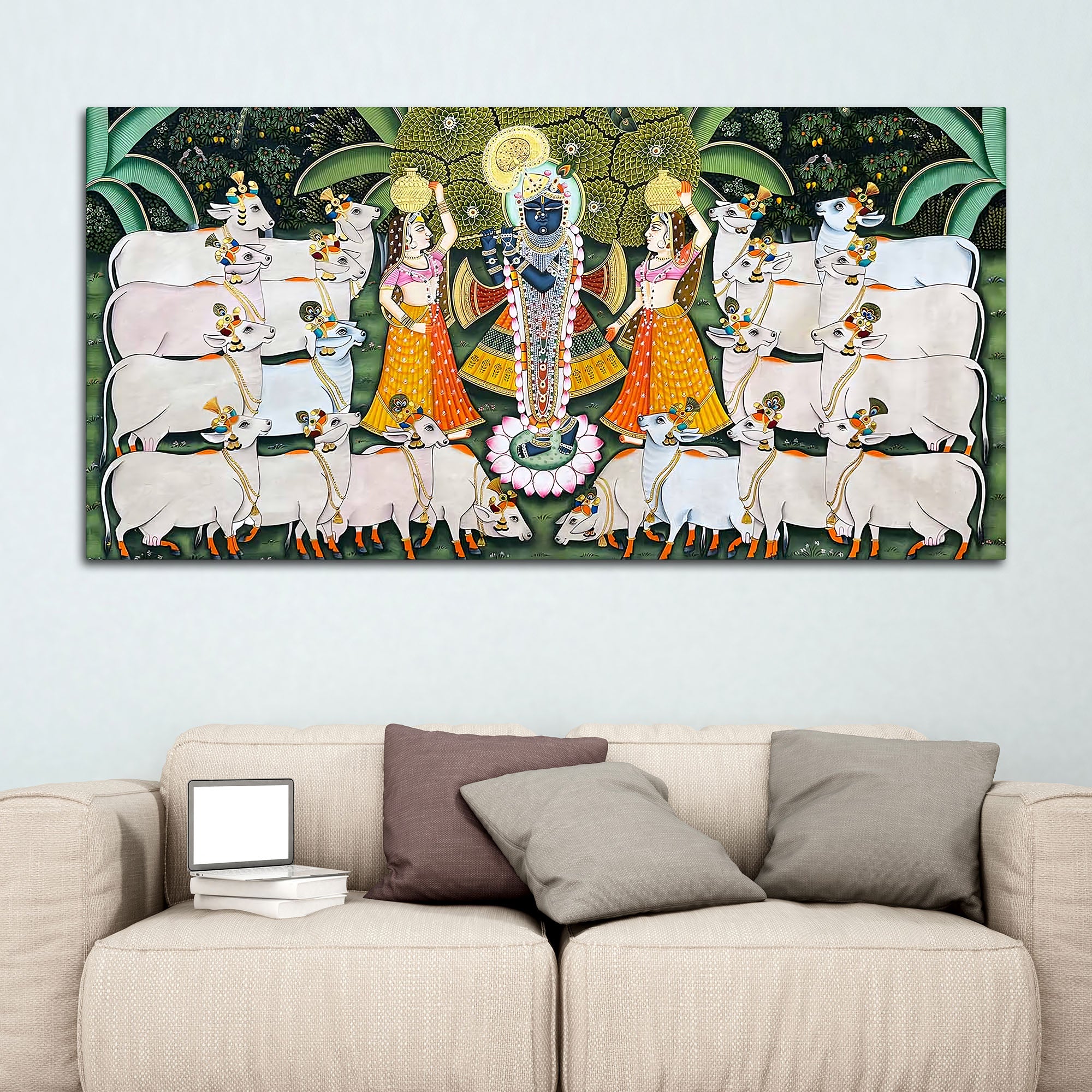 Lord Krishna Shreenathji with Gau Mata and Devotees Pichwai Canvas Wall Painting - Image 3