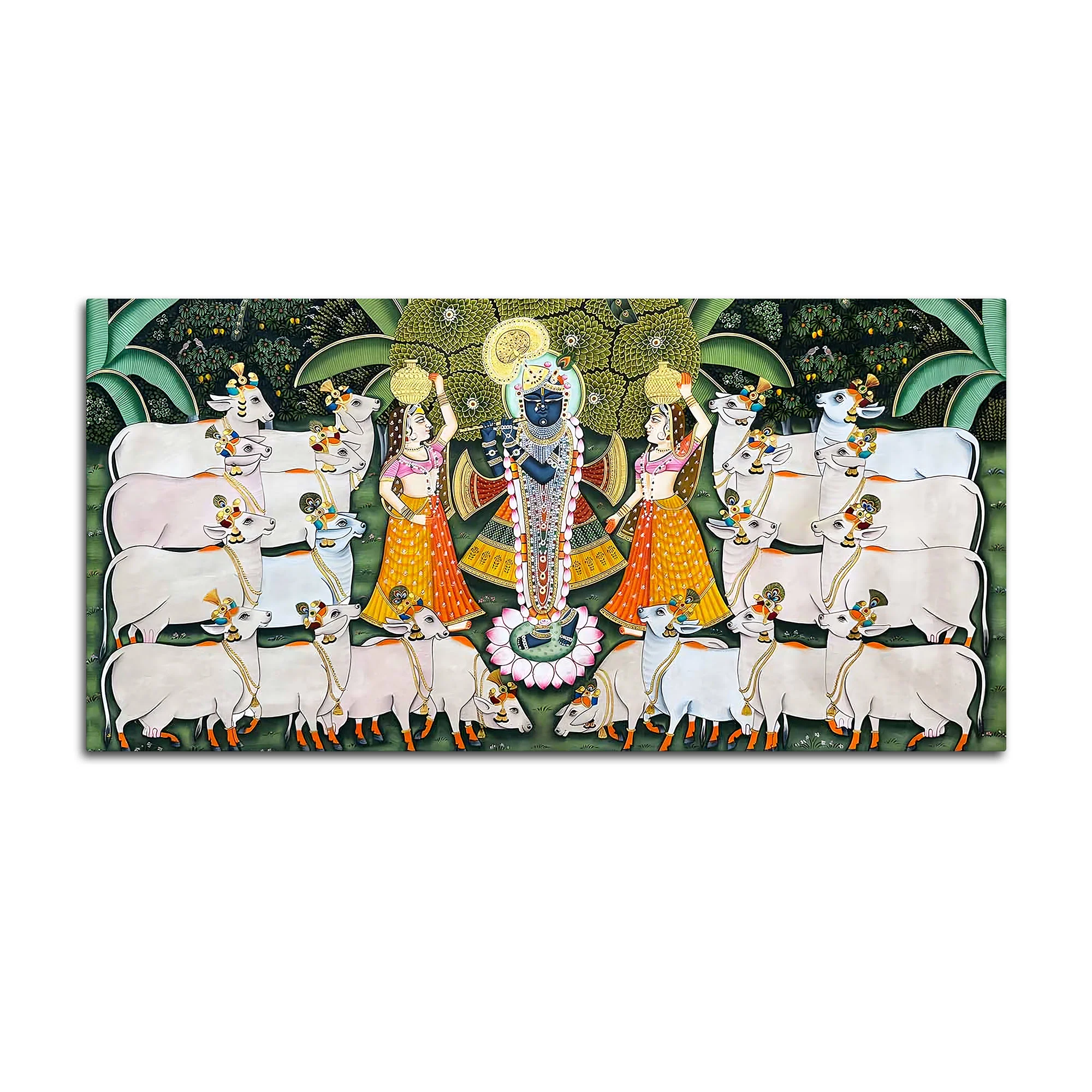 Lord Krishna Shreenathji with Gau Mata and Devotees Pichwai Canvas Wall Painting - Image 4