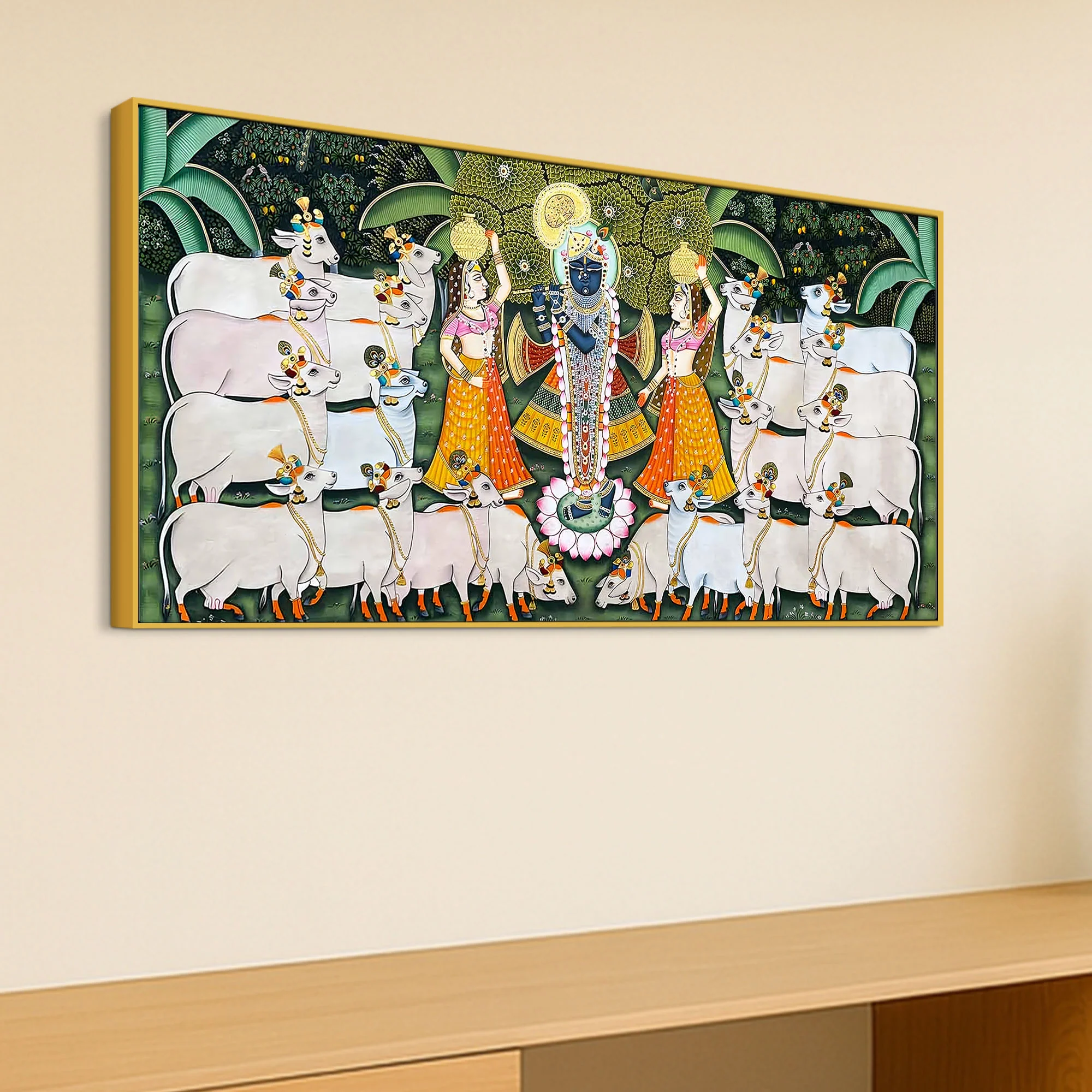 Lord Krishna Shreenathji with Gau Mata and Devotees Pichwai Canvas Wall Painting - Image 5