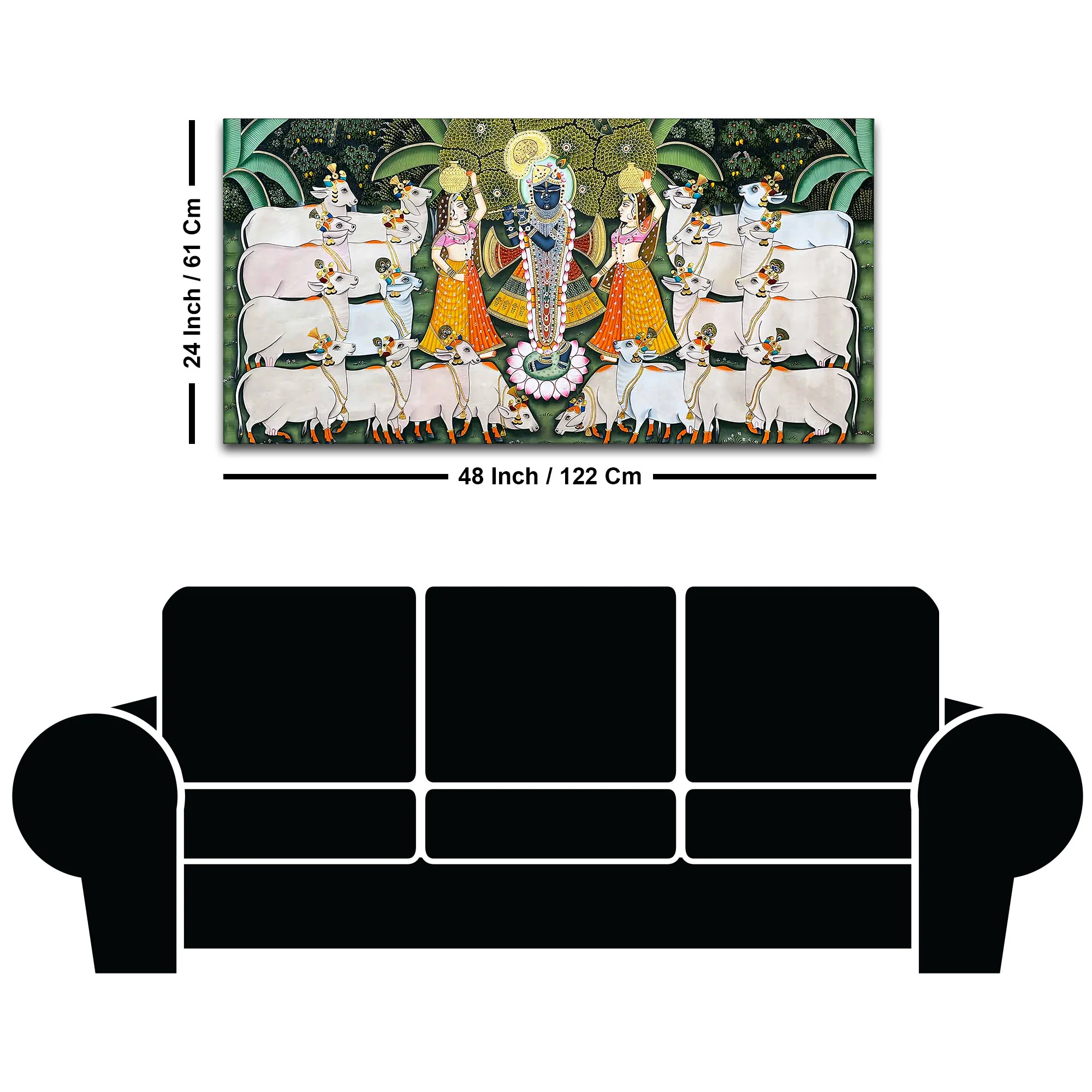 Lord Krishna Shreenathji with Gau Mata and Devotees Pichwai Canvas Wall Painting - Image 8