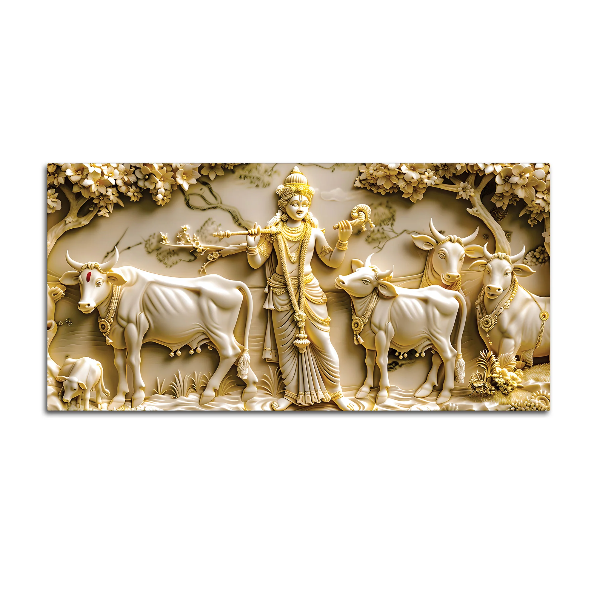 Lord Krishna with Cows Canvas Wall Painting for Living Room Decor - Image 4