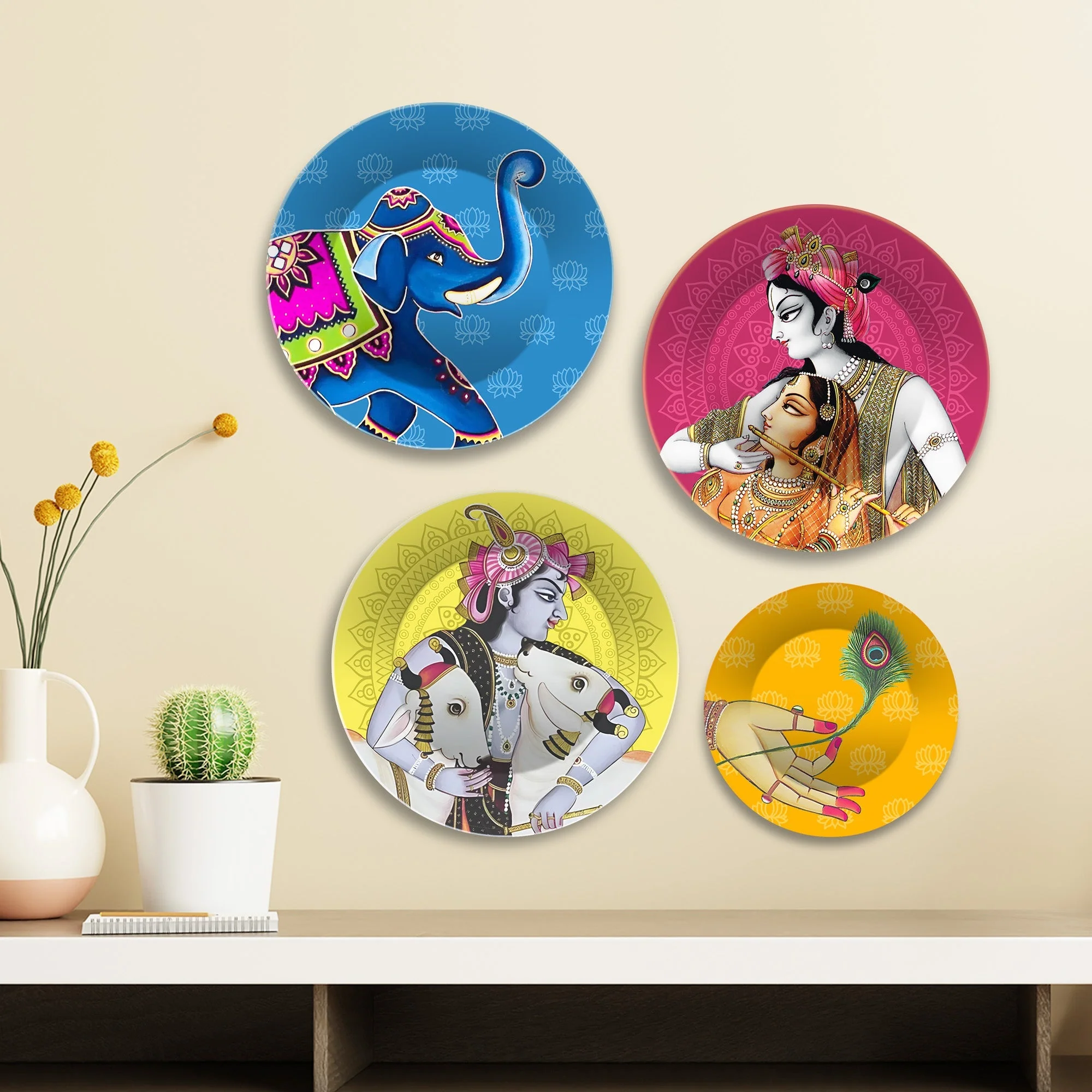 Lord Krishna with Cows Premium Wall Plates Painting Set of Four - Image 3