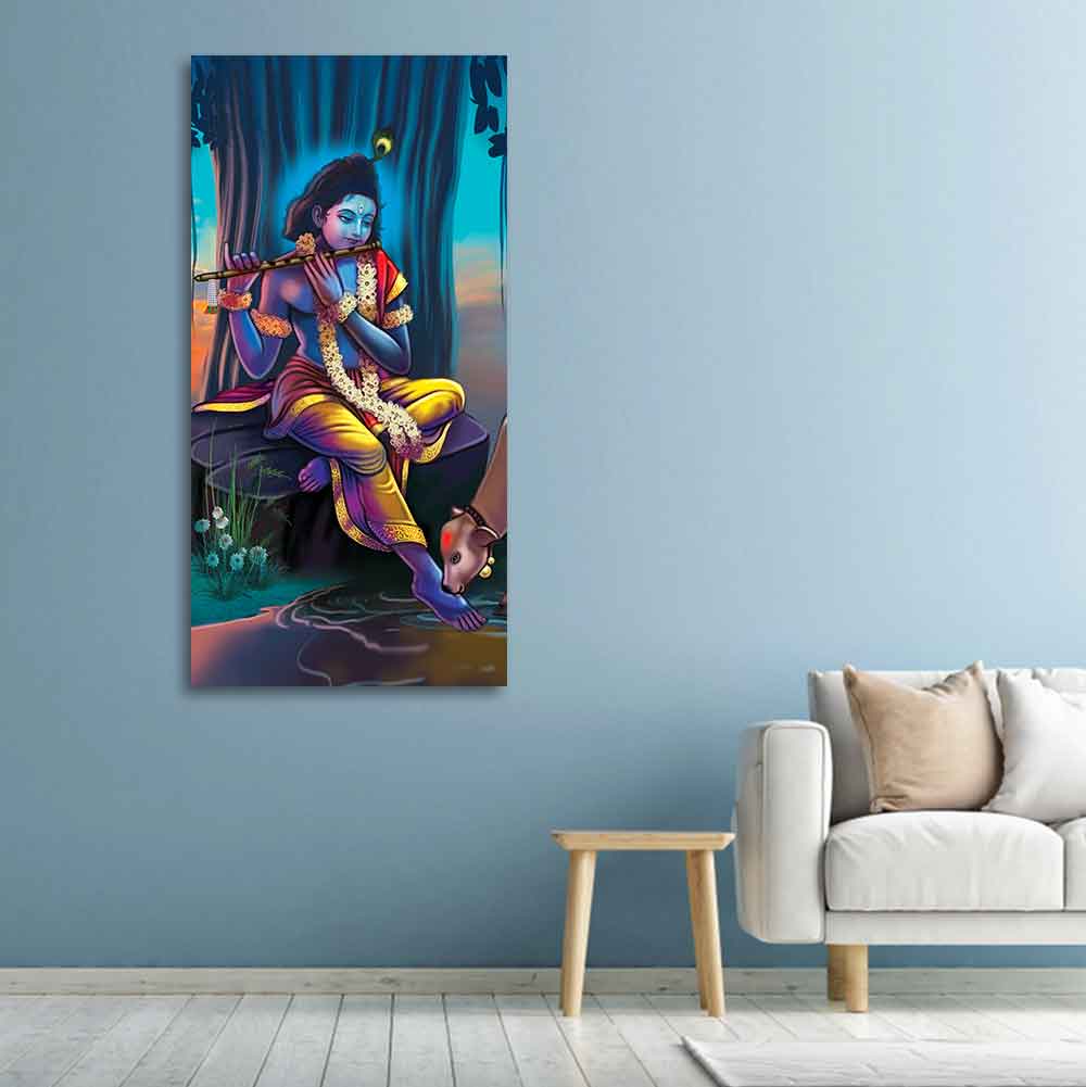 Lord Krishna With Flute Canvas Wall Painting - Image 4