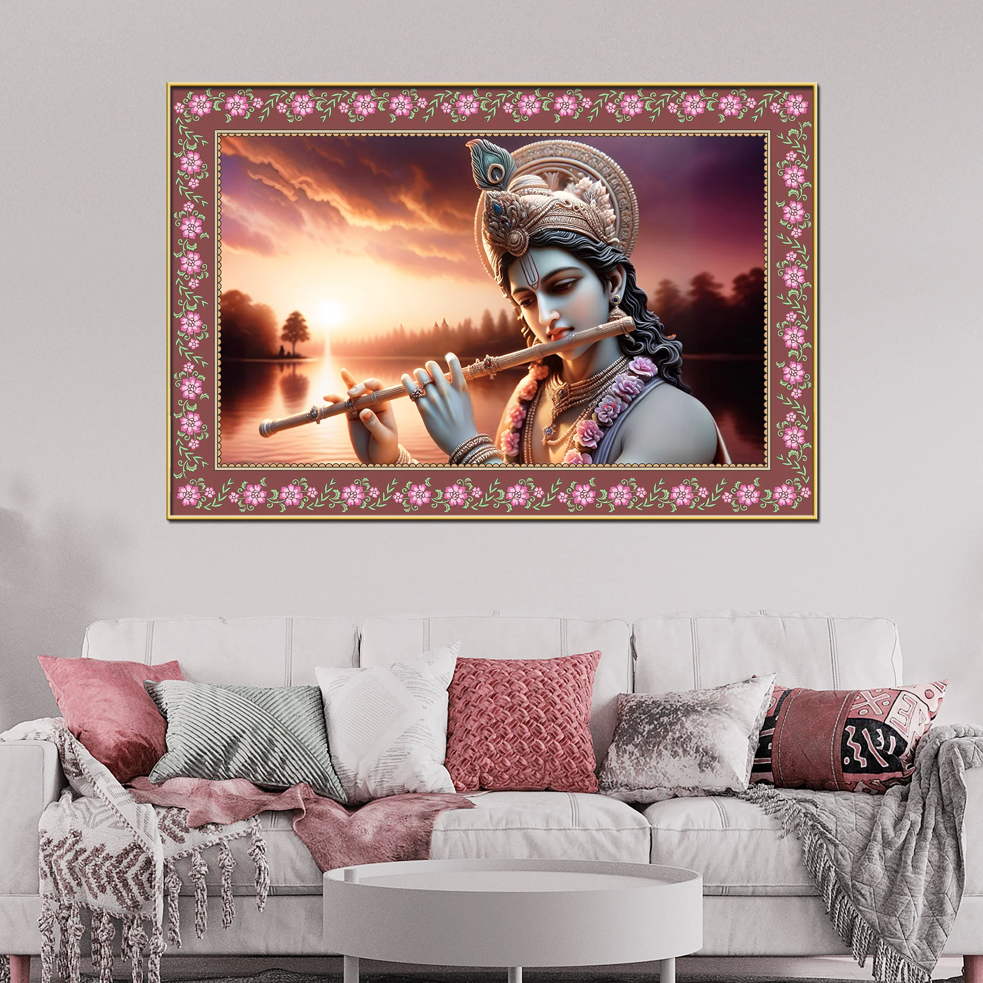 Lord Krishna with Flute in Sunset Floral Border Canvas Wall Painting - Image 3