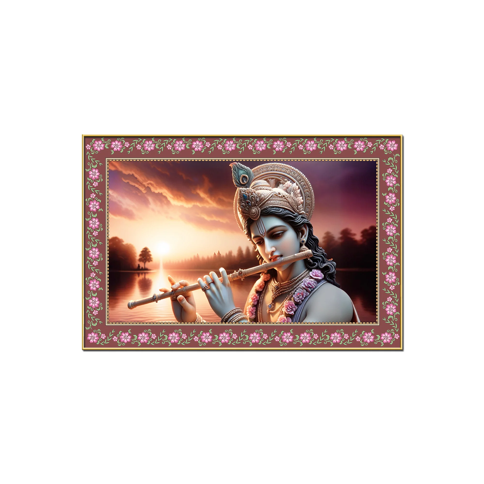 Lord Krishna with Flute in Sunset Floral Border Canvas Wall Painting - Image 4