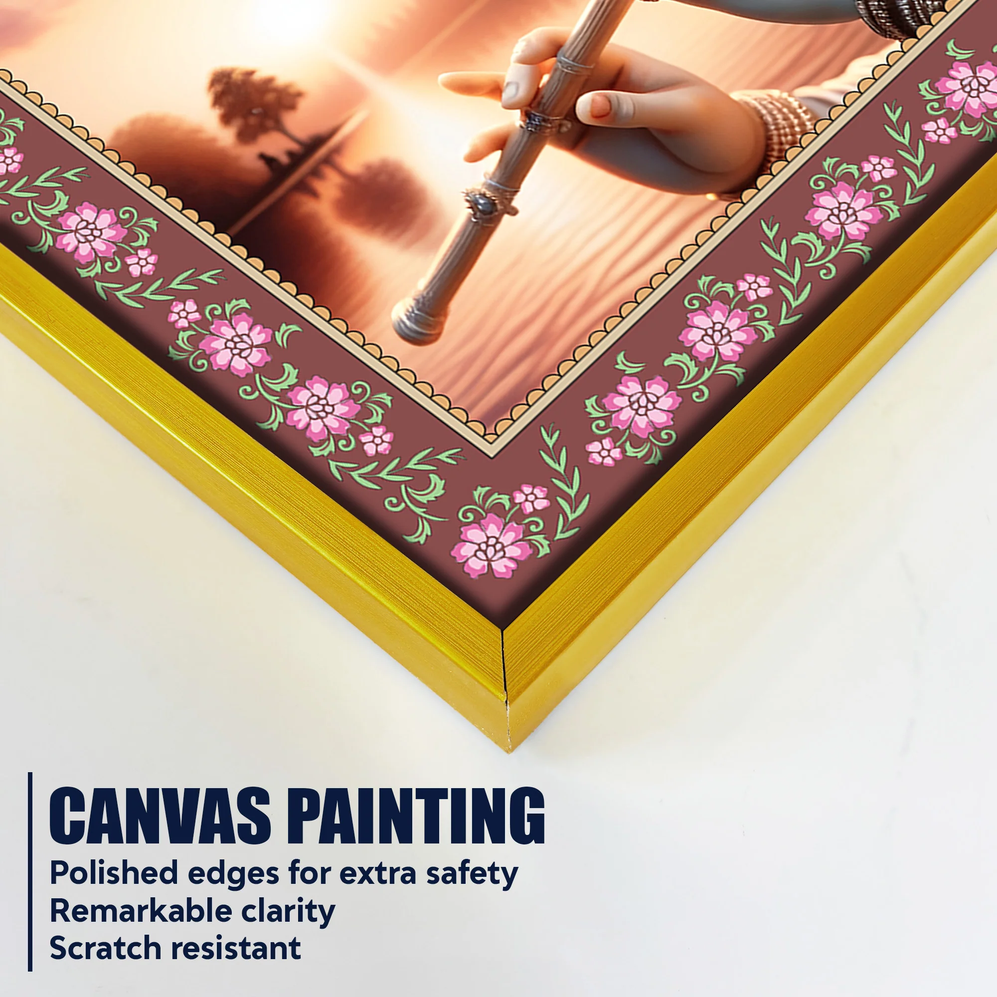 Lord Krishna with Flute in Sunset Floral Border Canvas Wall Painting - Image 5