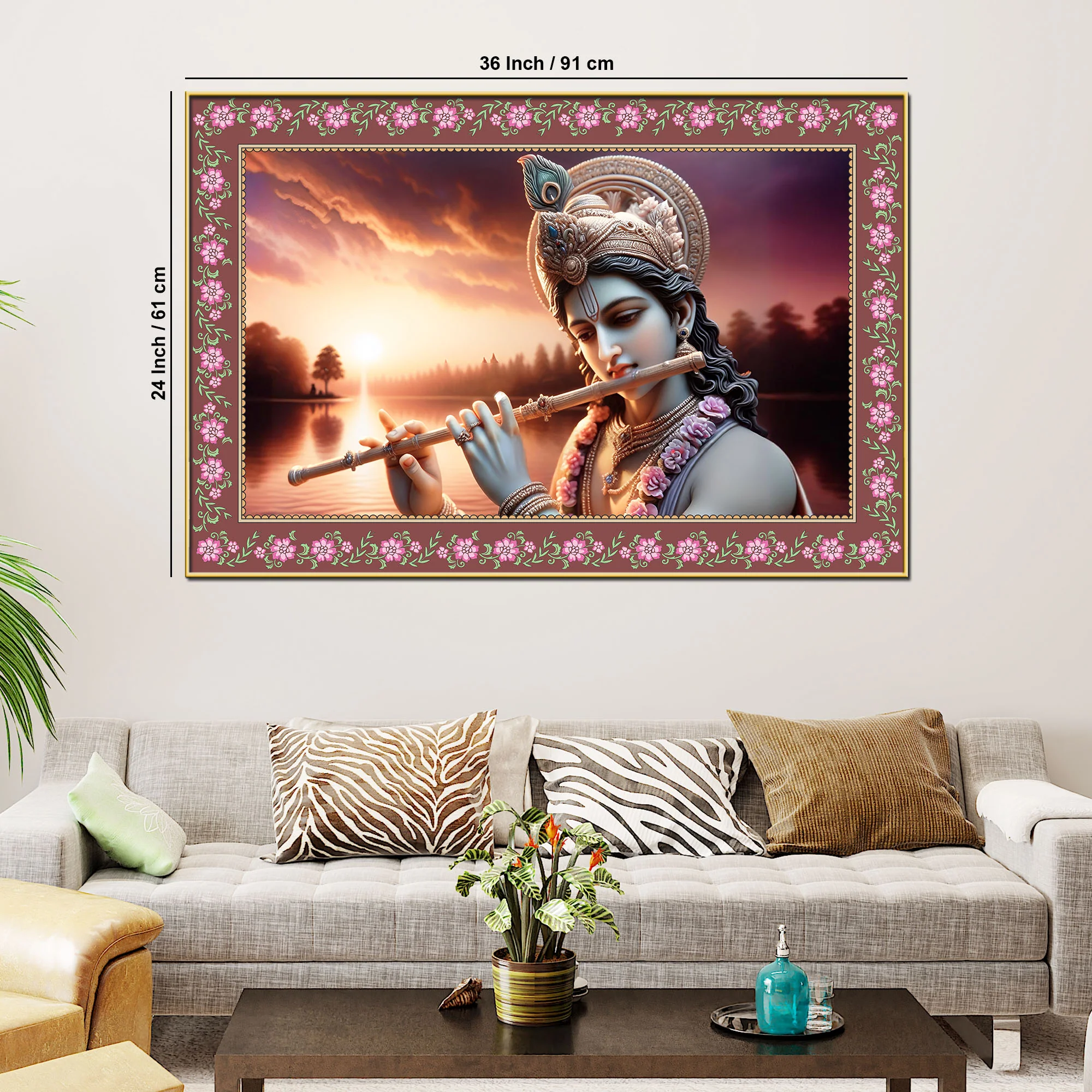 Lord Krishna with Flute in Sunset Floral Border Canvas Wall Painting - Image 6