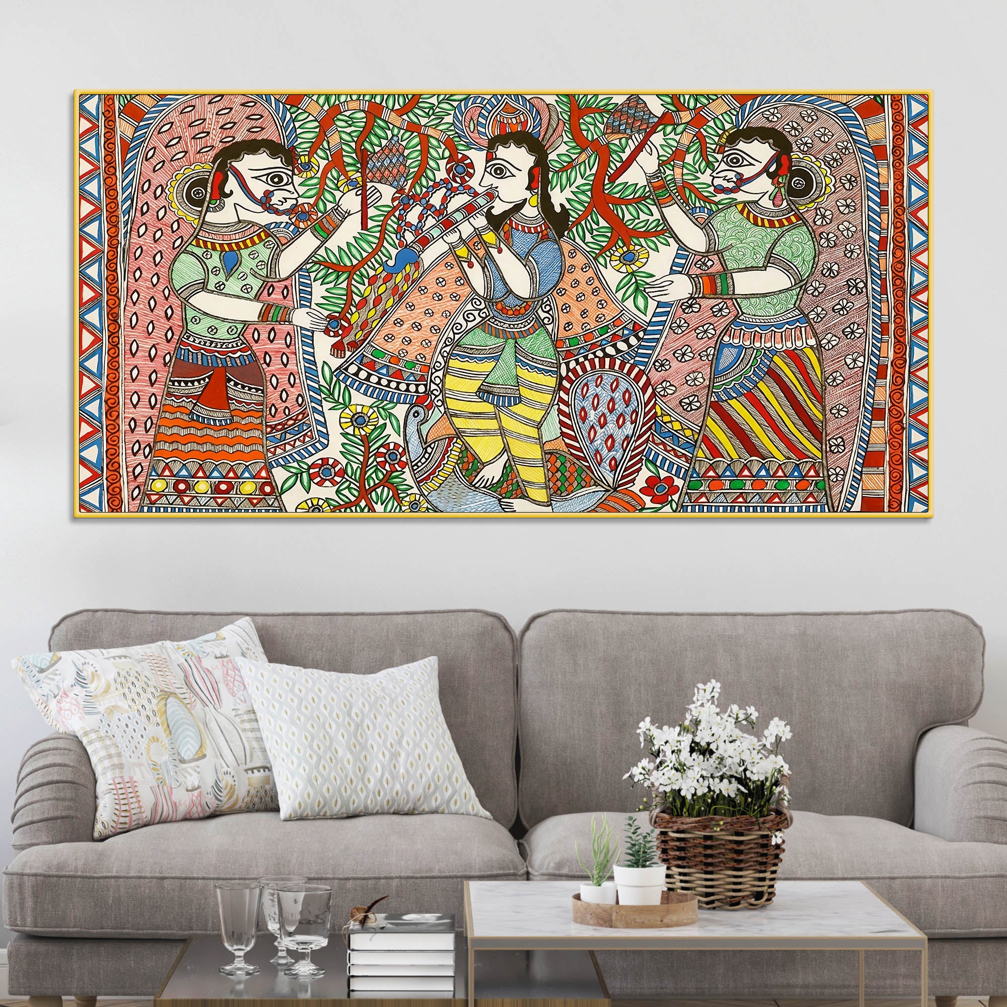 Lord Krishna with Gopis Madhubani Canvas Wall Painting