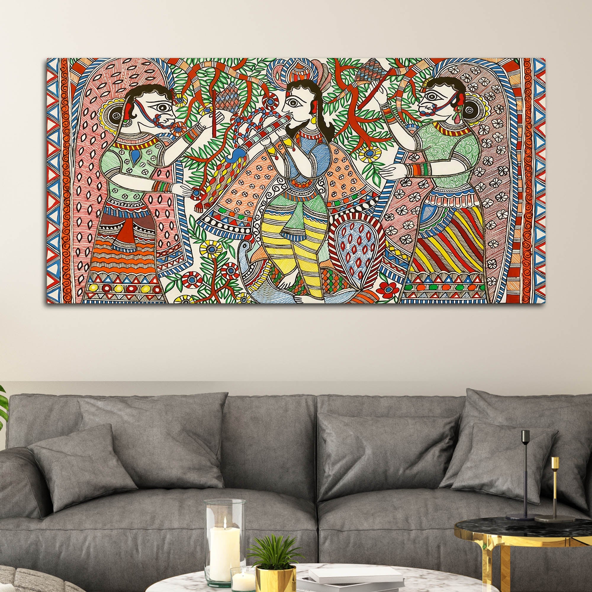 Lord Krishna with Gopis Madhubani Canvas Wall Painting - Image 3