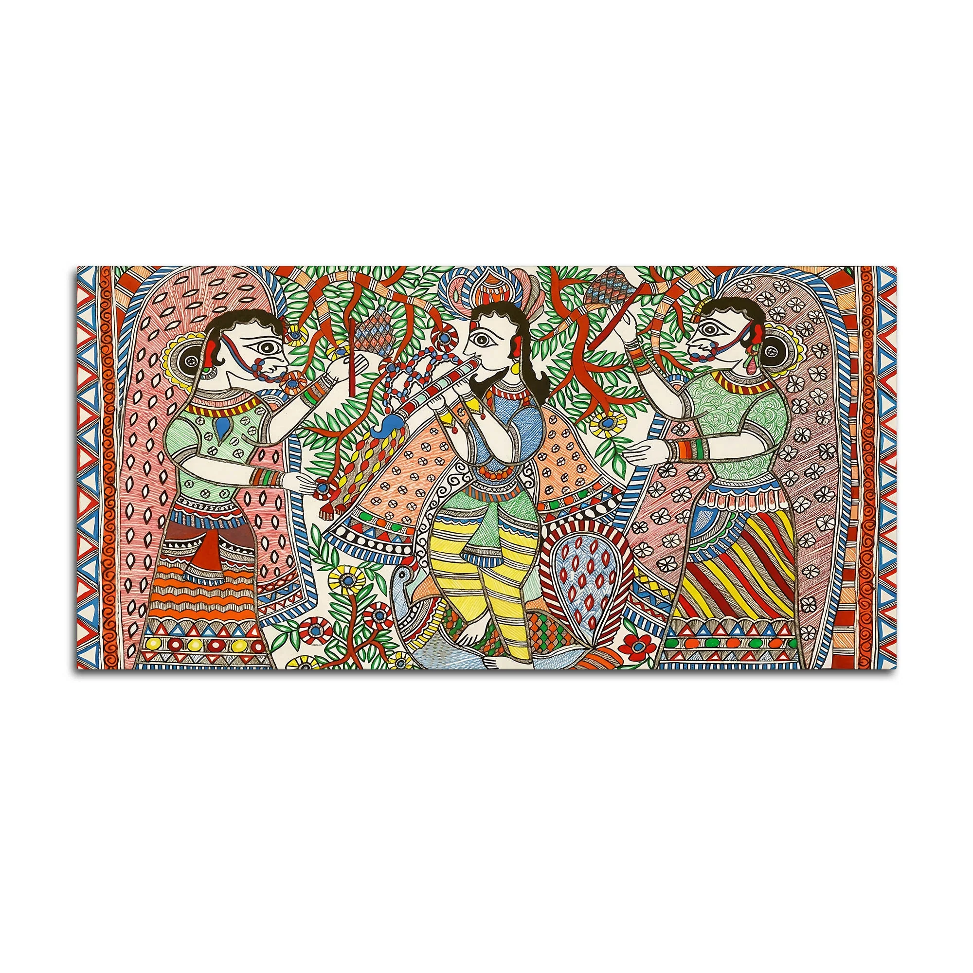 Lord Krishna with Gopis Madhubani Canvas Wall Painting - Image 4