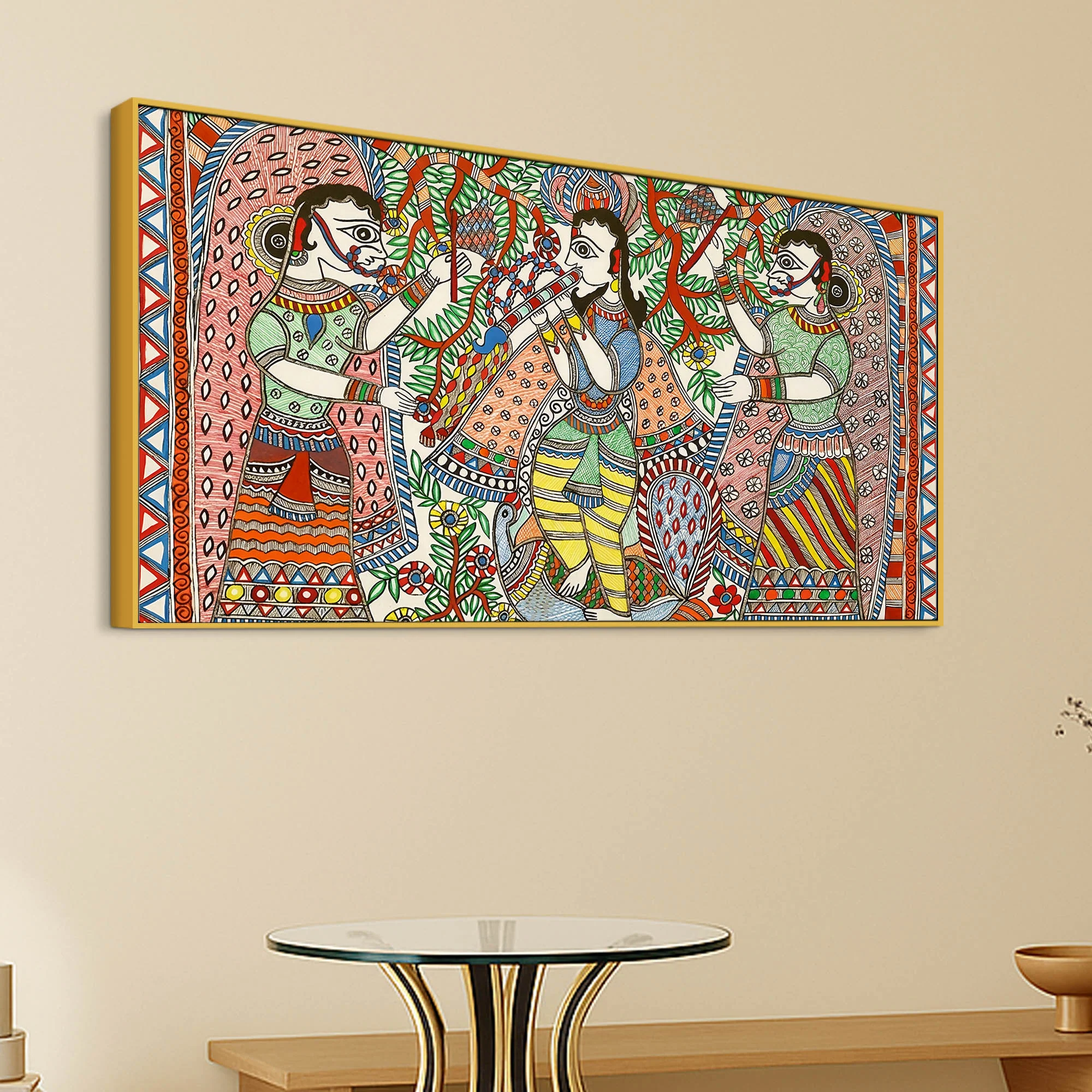 Lord Krishna with Gopis Madhubani Canvas Wall Painting - Image 5