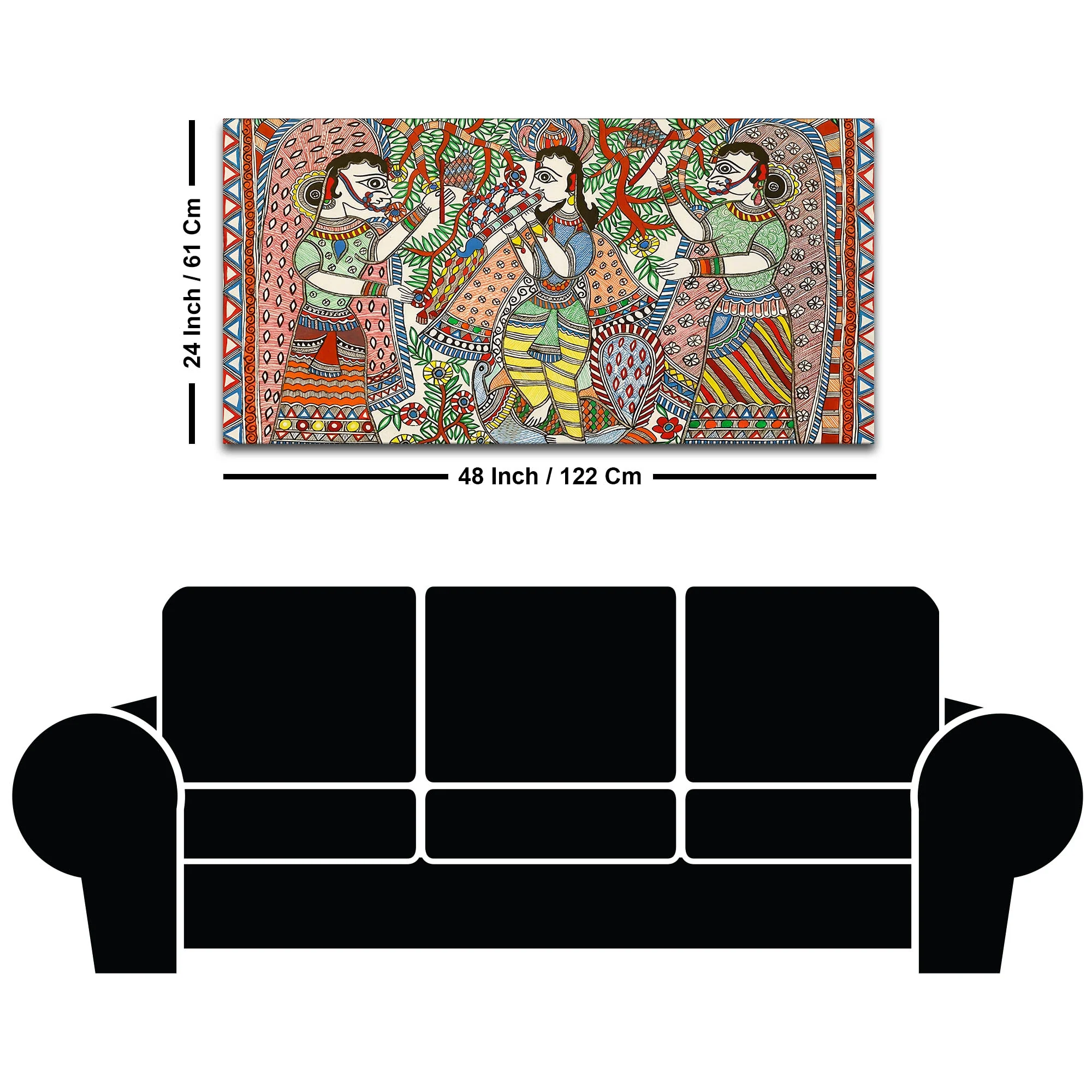 Lord Krishna with Gopis Madhubani Canvas Wall Painting - Image 8