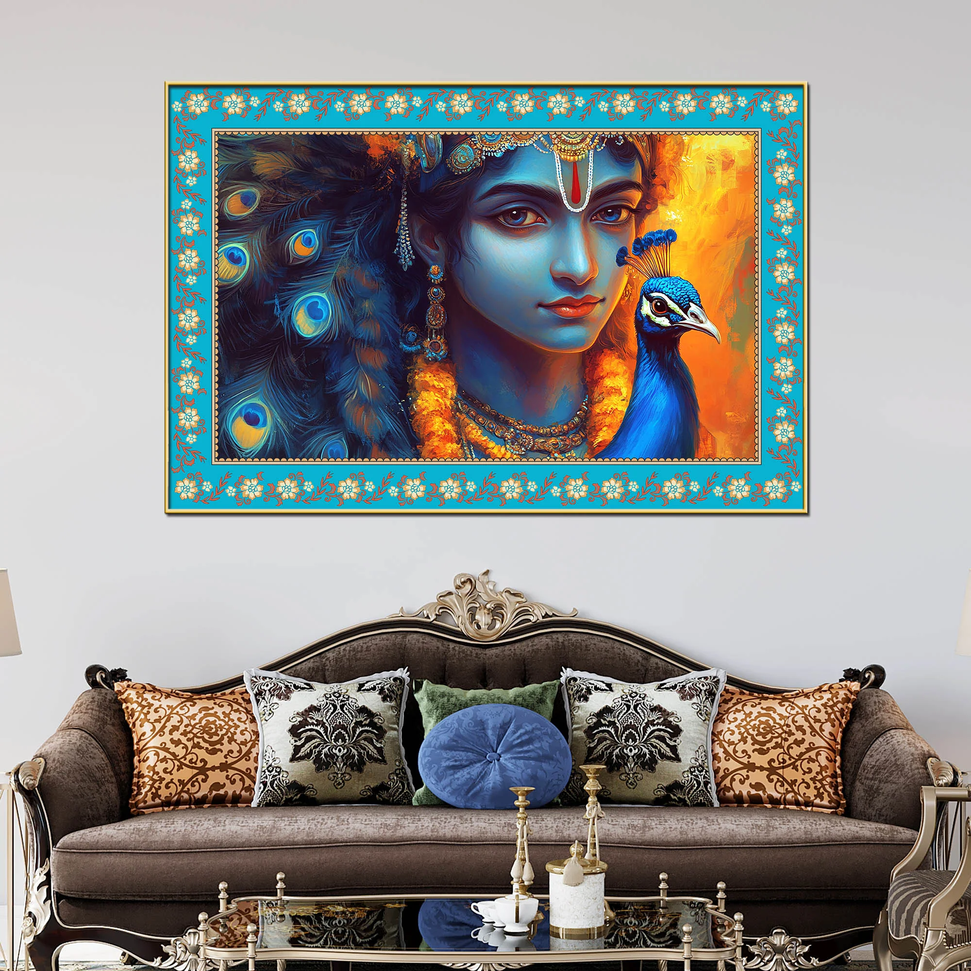 Lord Krishna with Peacock Floral Border Canvas Wall Painting - Image 2