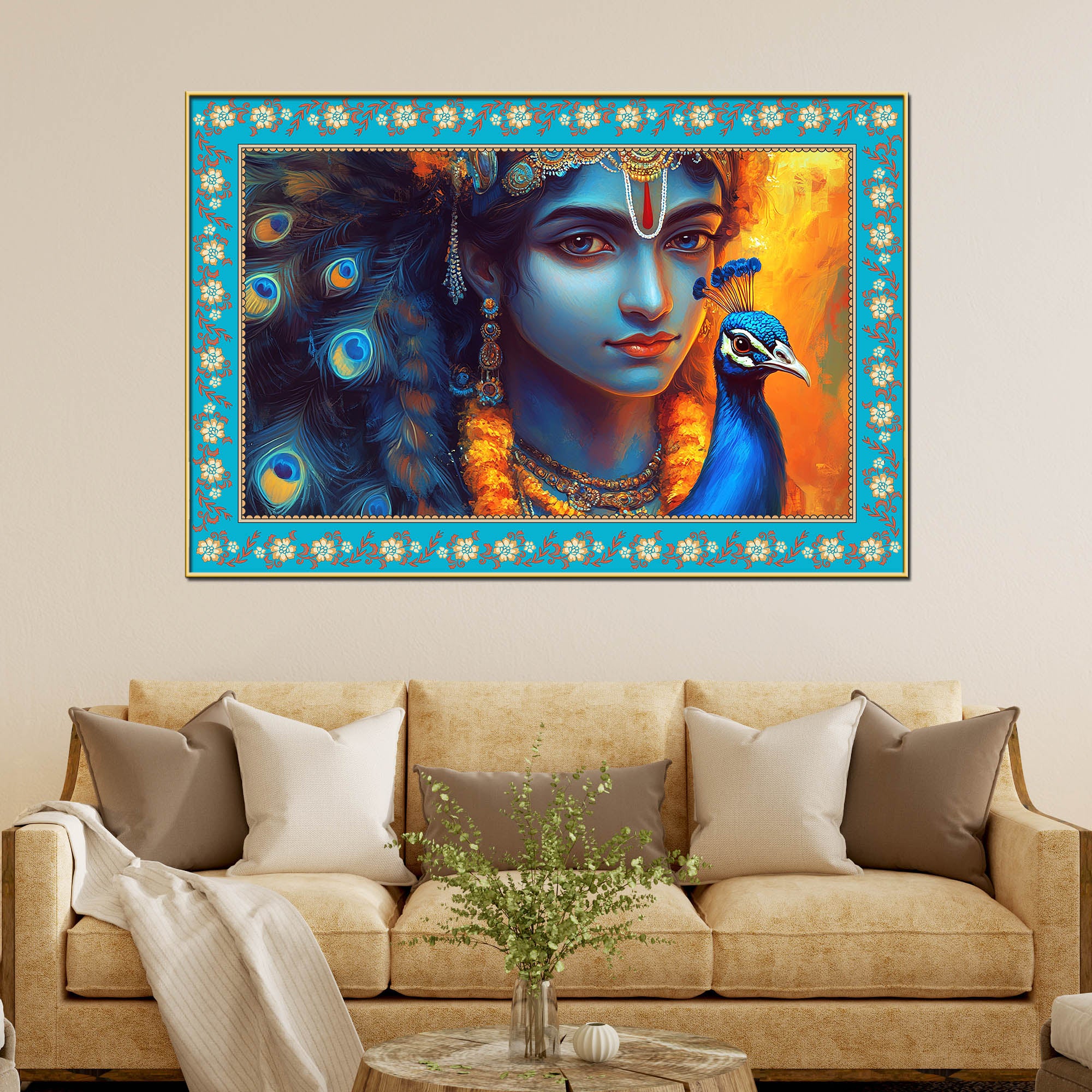 Lord Krishna with Peacock Floral Border Canvas Wall Painting - Image 3