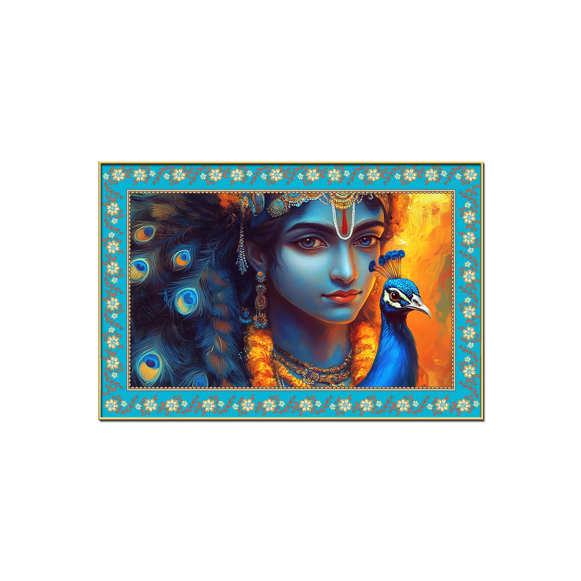 Lord Krishna with Peacock Floral Border Canvas Wall Painting - Image 4
