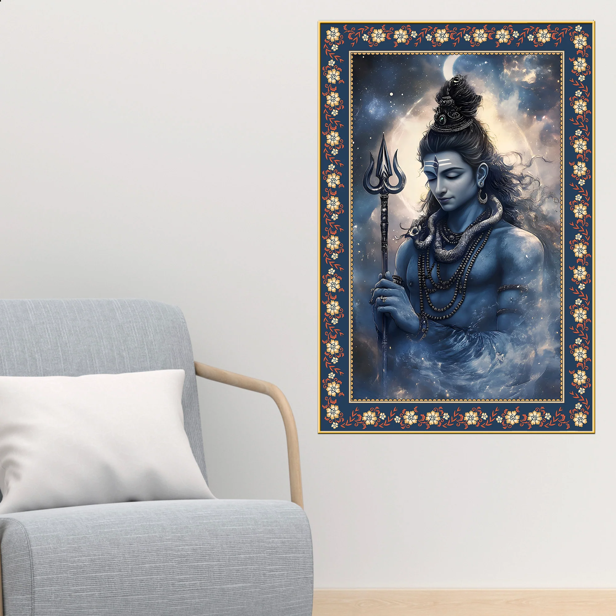 Lord Mahadev in Dramatic Sky Floral Border Vertical Wall Painting - Image 2