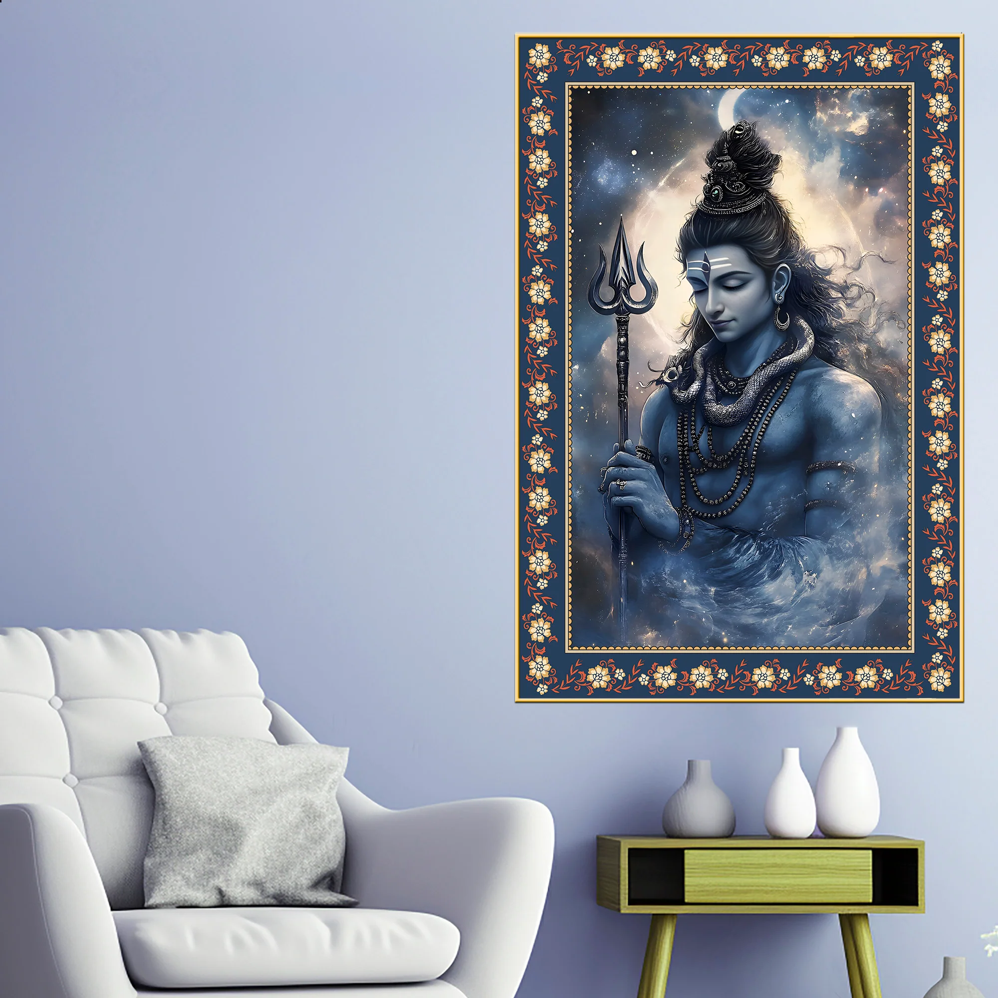 Lord Mahadev in Dramatic Sky Floral Border Vertical Wall Painting - Image 3