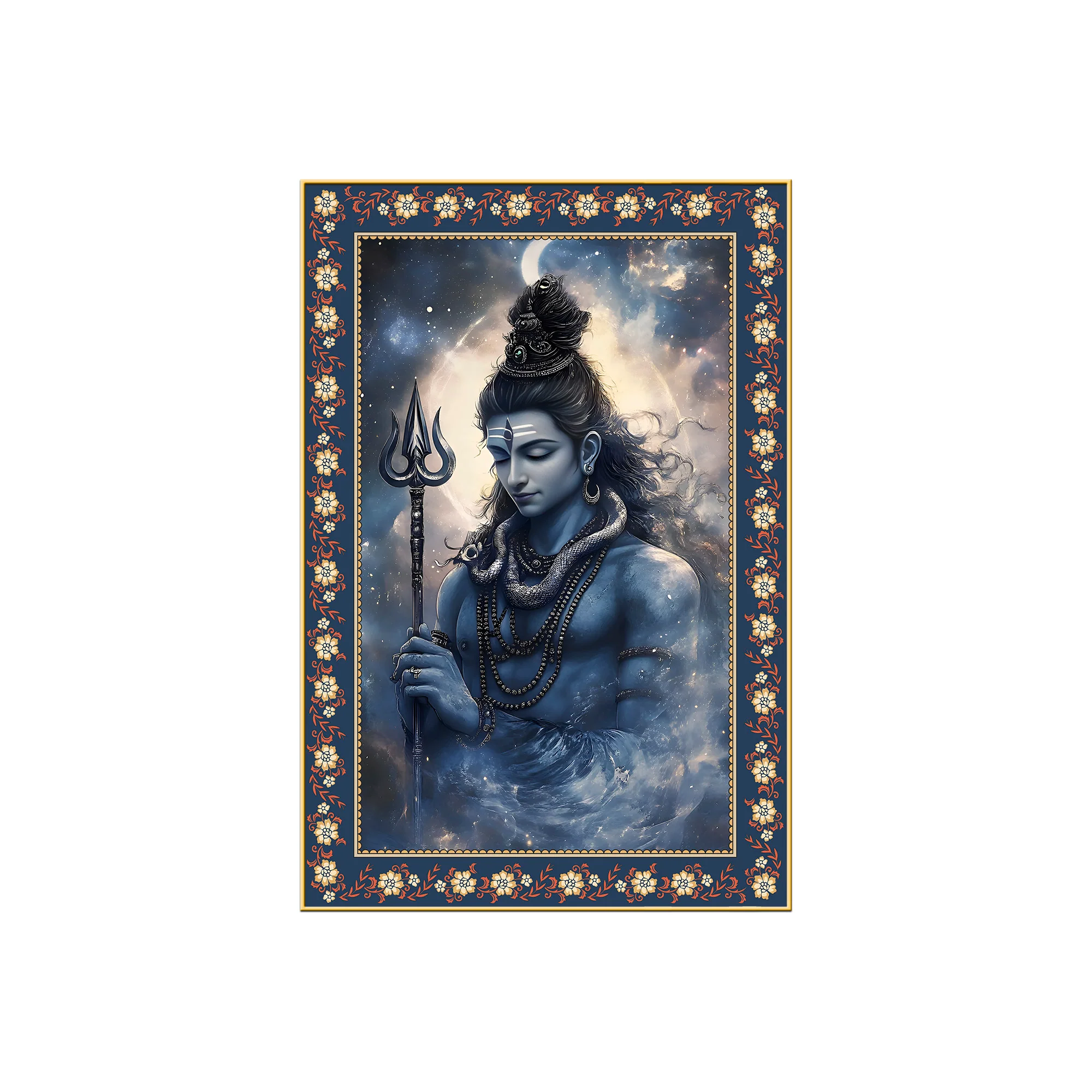 Lord Mahadev in Dramatic Sky Floral Border Vertical Wall Painting - Image 4