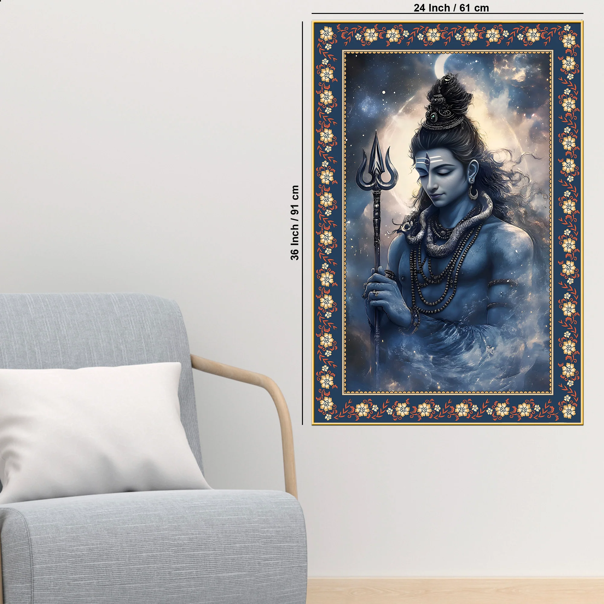 Lord Mahadev in Dramatic Sky Floral Border Vertical Wall Painting - Image 6