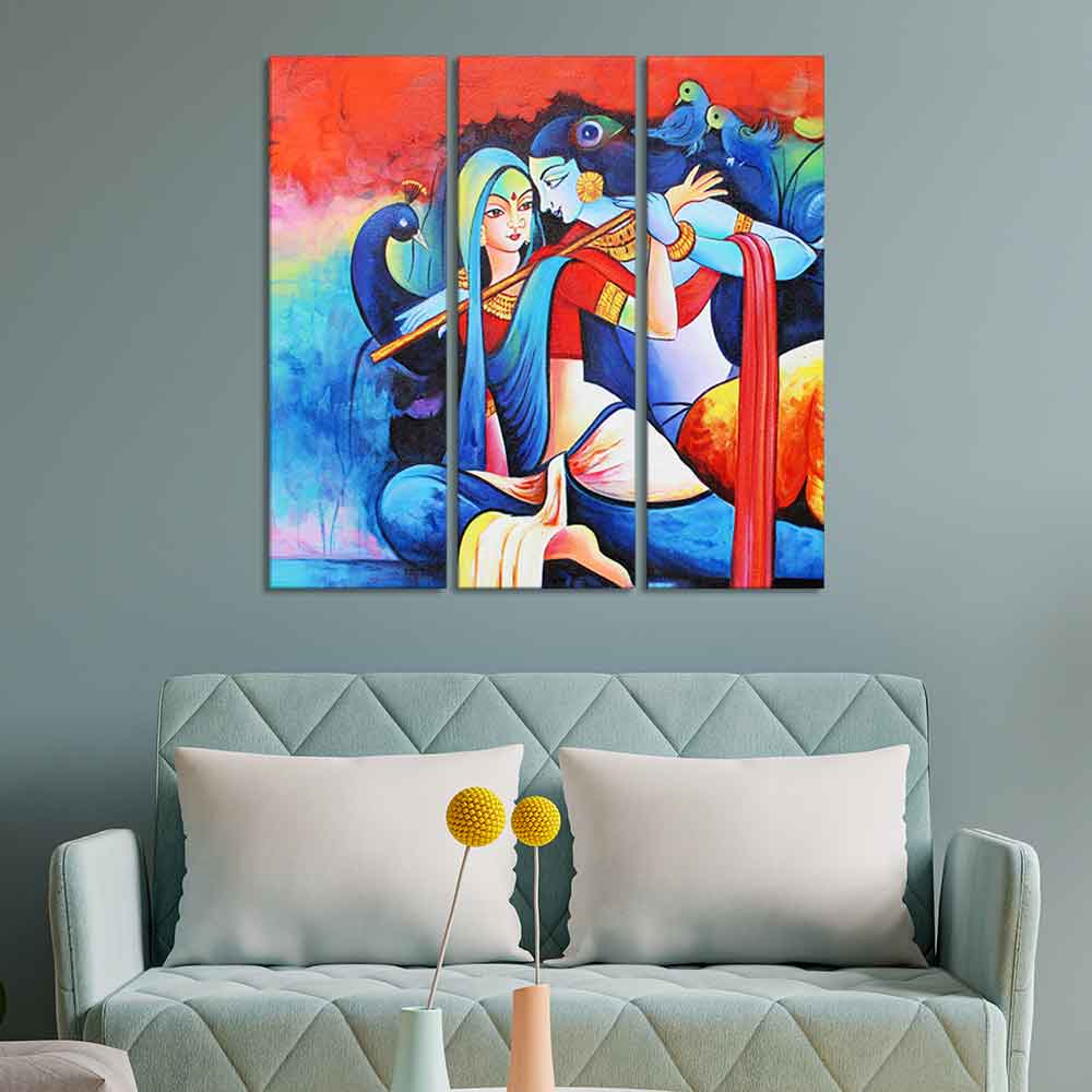 Lord Radha Krishan Playing Flute Canvas Wall Painting 3 Panel Set - Image 3