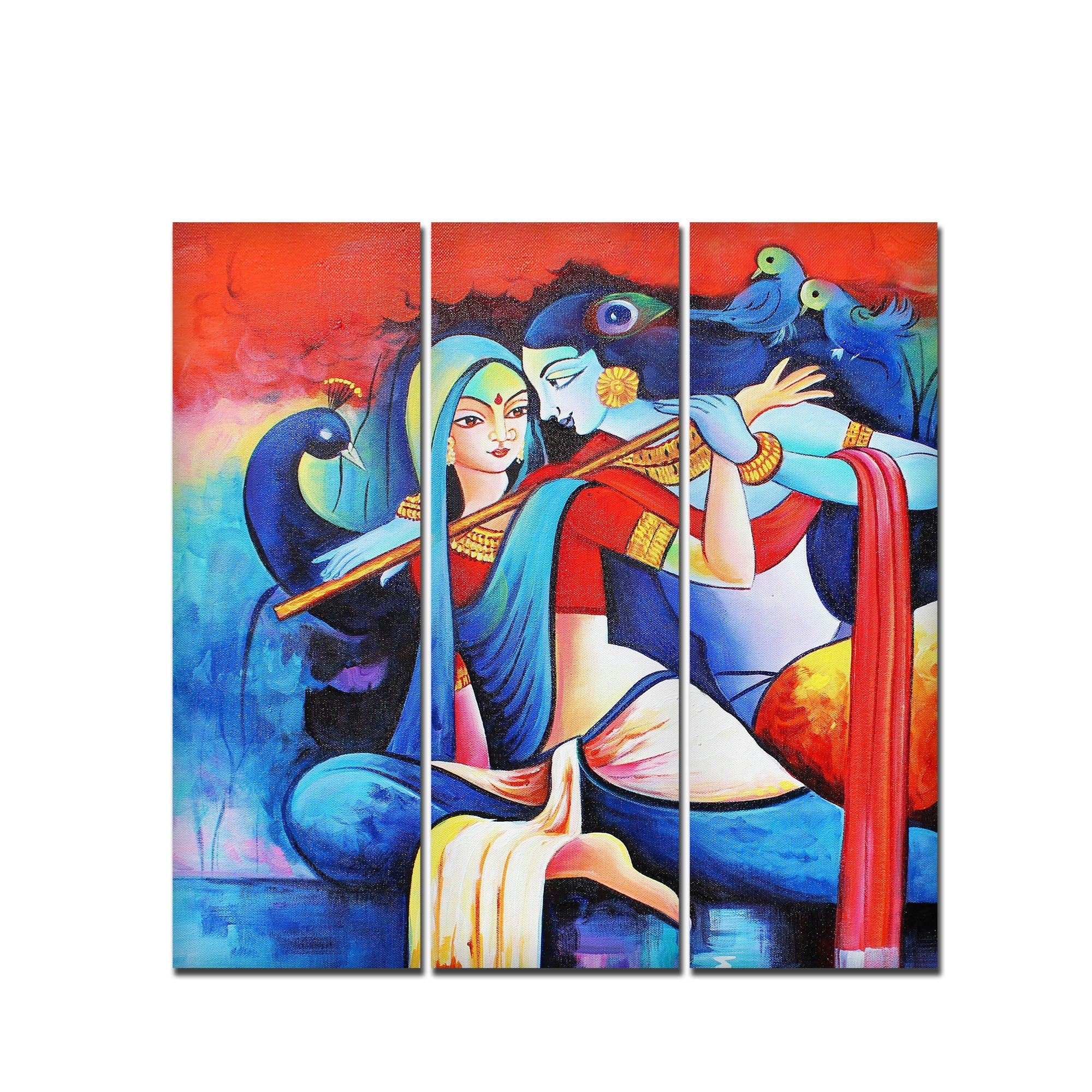 Lord Radha Krishan Playing Flute Canvas Wall Painting 3 Panel Set - Image 4