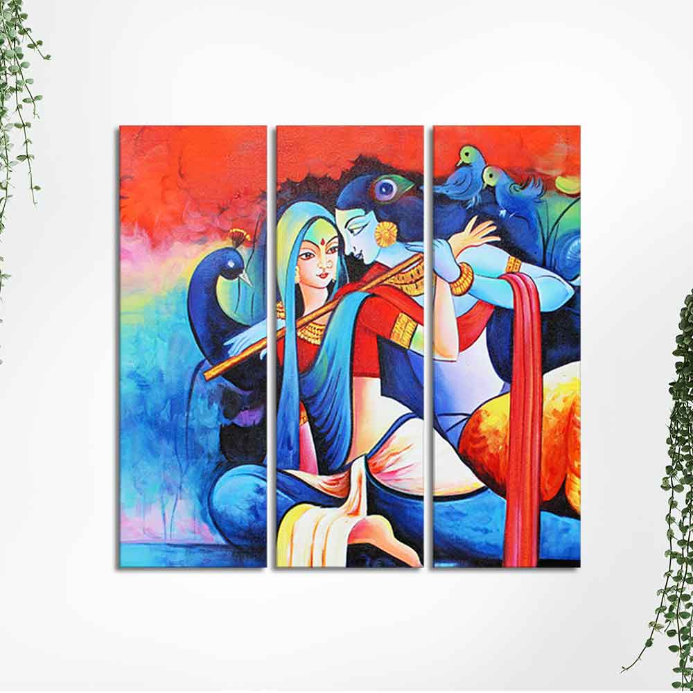 Lord Radha Krishan Playing Flute Canvas Wall Painting 3 Panel Set - Image 5