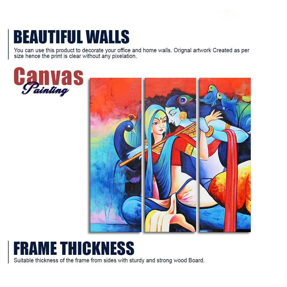 Lord Radha Krishan Playing Flute Canvas Wall Painting 3 Panel Set - Image 6