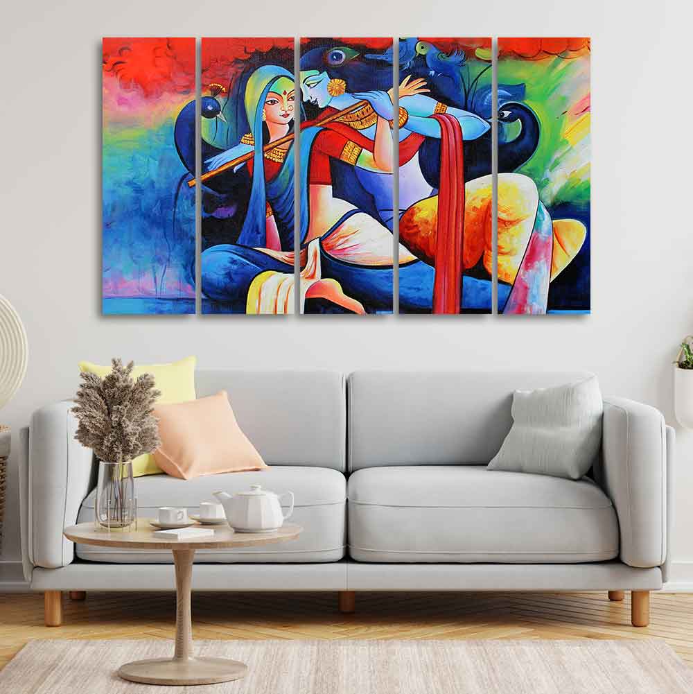 Lord Radha Krishan Playing Flute Canvas Wall Painting Five Panel Set - Image 2