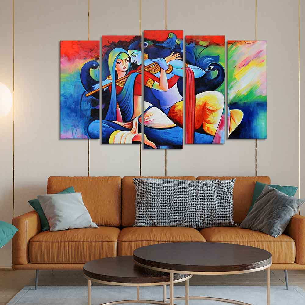 Lord Radha Krishan Playing Flute Canvas Wall Painting Set of Five Panel - Image 2