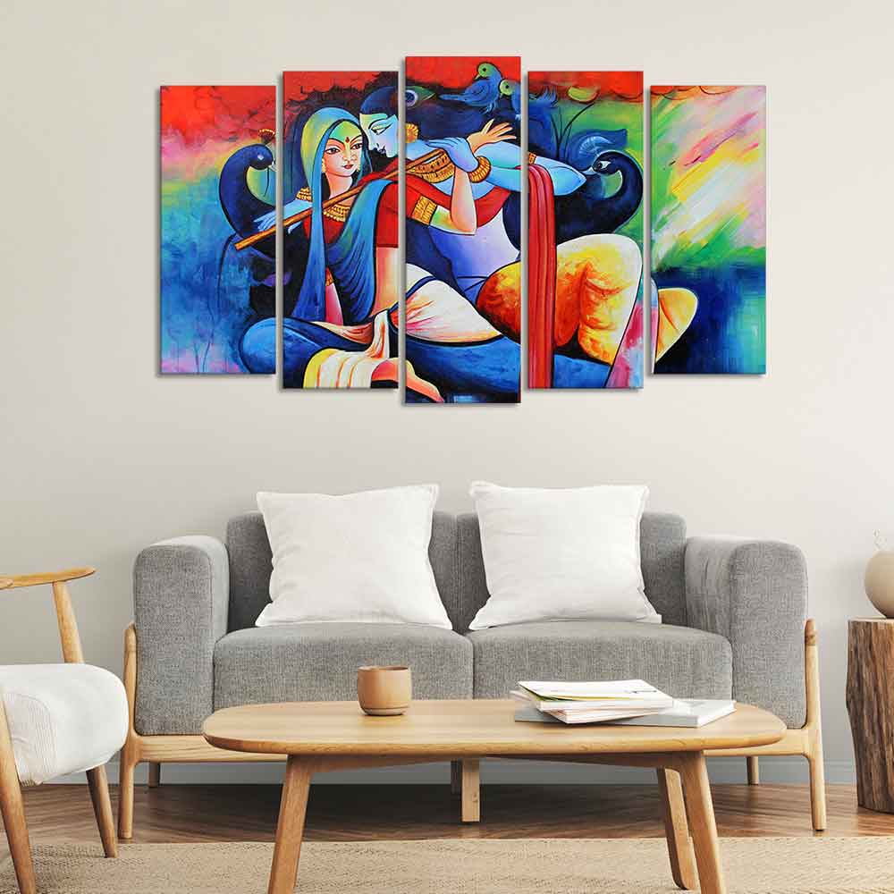 Lord Radha Krishan Playing Flute Canvas Wall Painting Set of Five Panel - Image 3