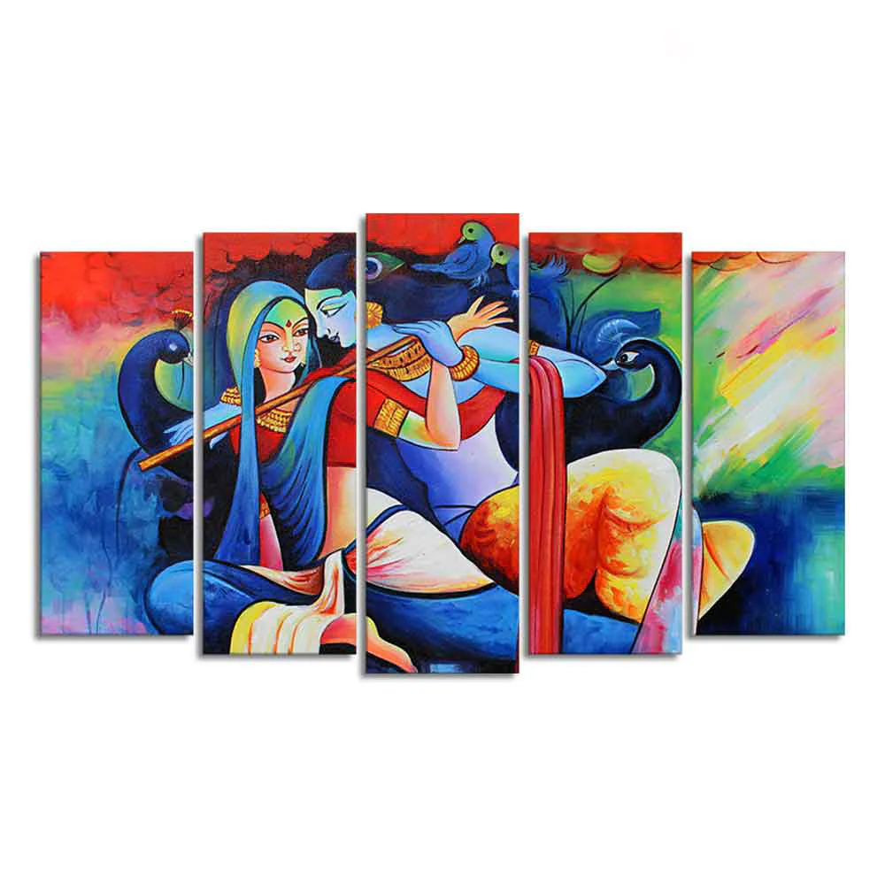 Lord Radha Krishan Playing Flute Canvas Wall Painting Set of Five Panel - Image 4