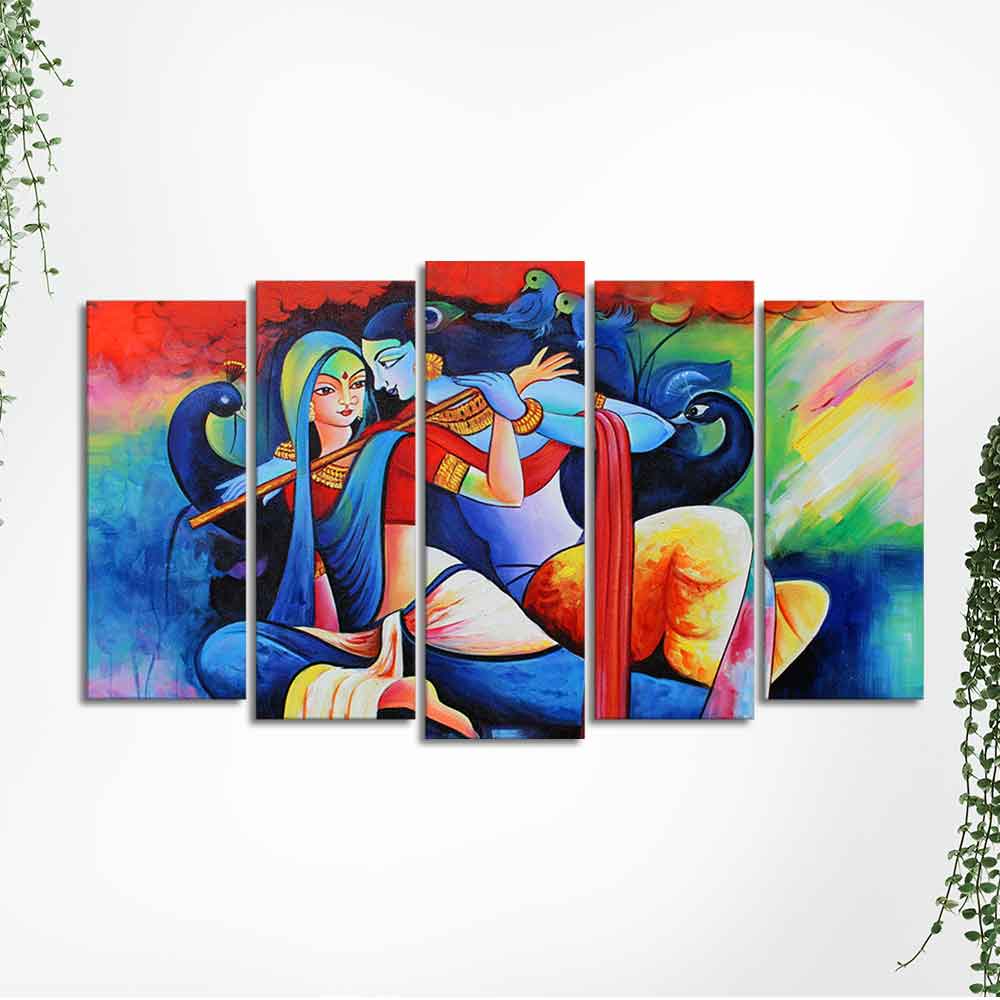 Lord Radha Krishan Playing Flute Canvas Wall Painting Set of Five Panel - Image 5