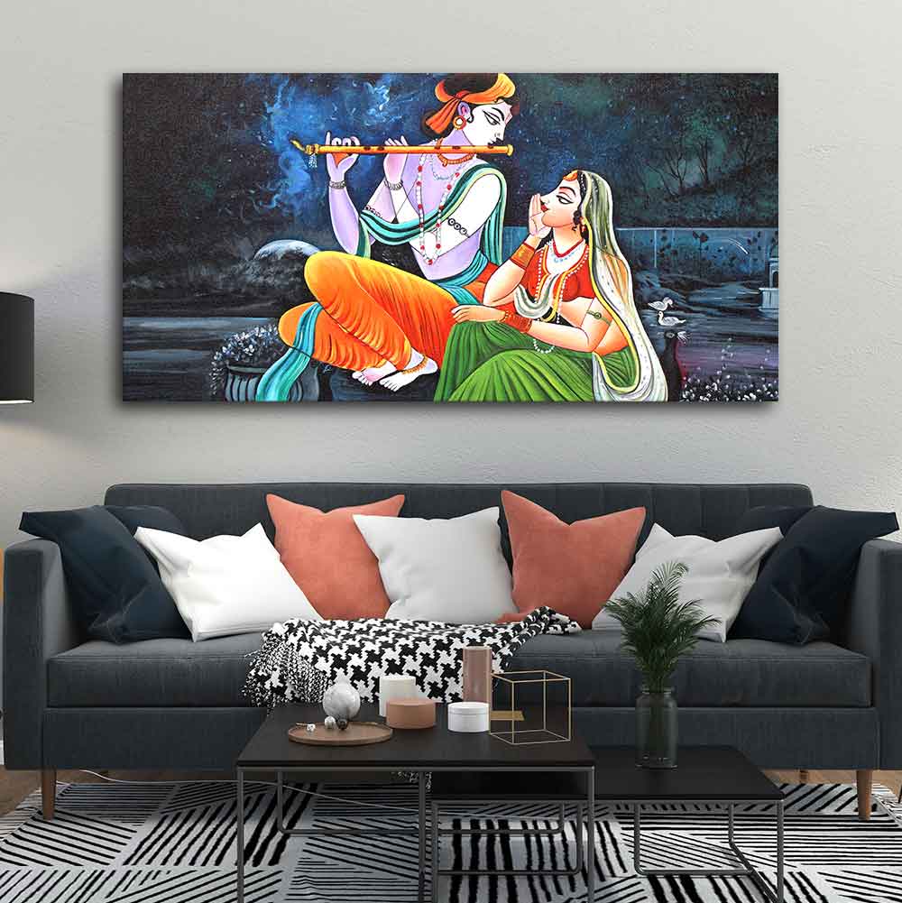 Lord Radha Krishna in Dark Forest Canvas Big Wall Painting Wall Art - Image 2