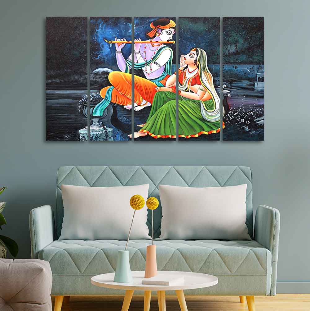 Lord Radha Krishna in Dark Forest Five Pieces Canvas Wall Painting - Image 2