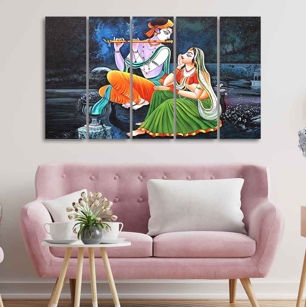 Lord Radha Krishna in Dark Forest Five Pieces Canvas Wall Painting - Image 3