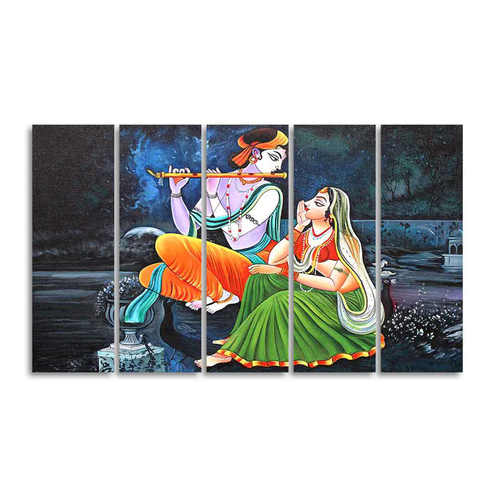 Lord Radha Krishna in Dark Forest Five Pieces Canvas Wall Painting - Image 4