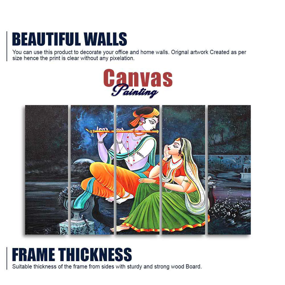 Lord Radha Krishna in Dark Forest Five Pieces Canvas Wall Painting - Image 5