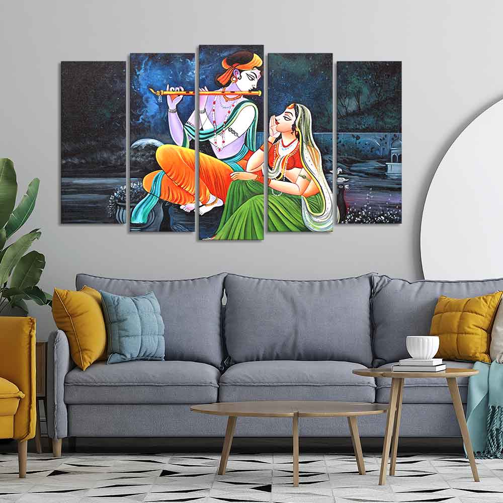 Lord Radha Krishna in Dark Forest Set of Five Pieces Wall Painting - Image 2
