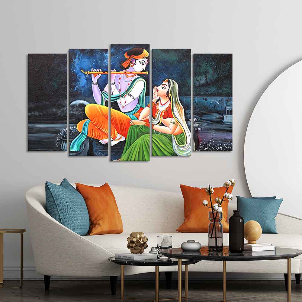 Lord Radha Krishna in Dark Forest Set of Five Pieces Wall Painting - Image 3