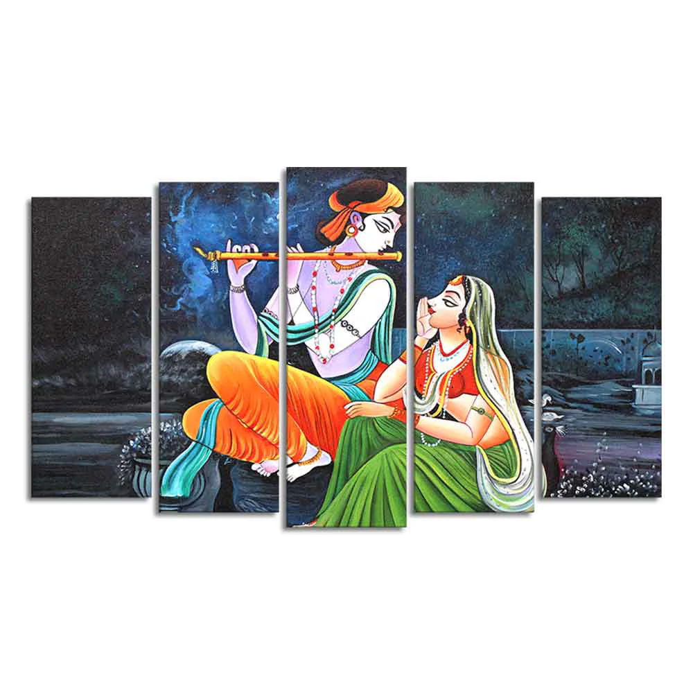 Lord Radha Krishna in Dark Forest Set of Five Pieces Wall Painting - Image 4