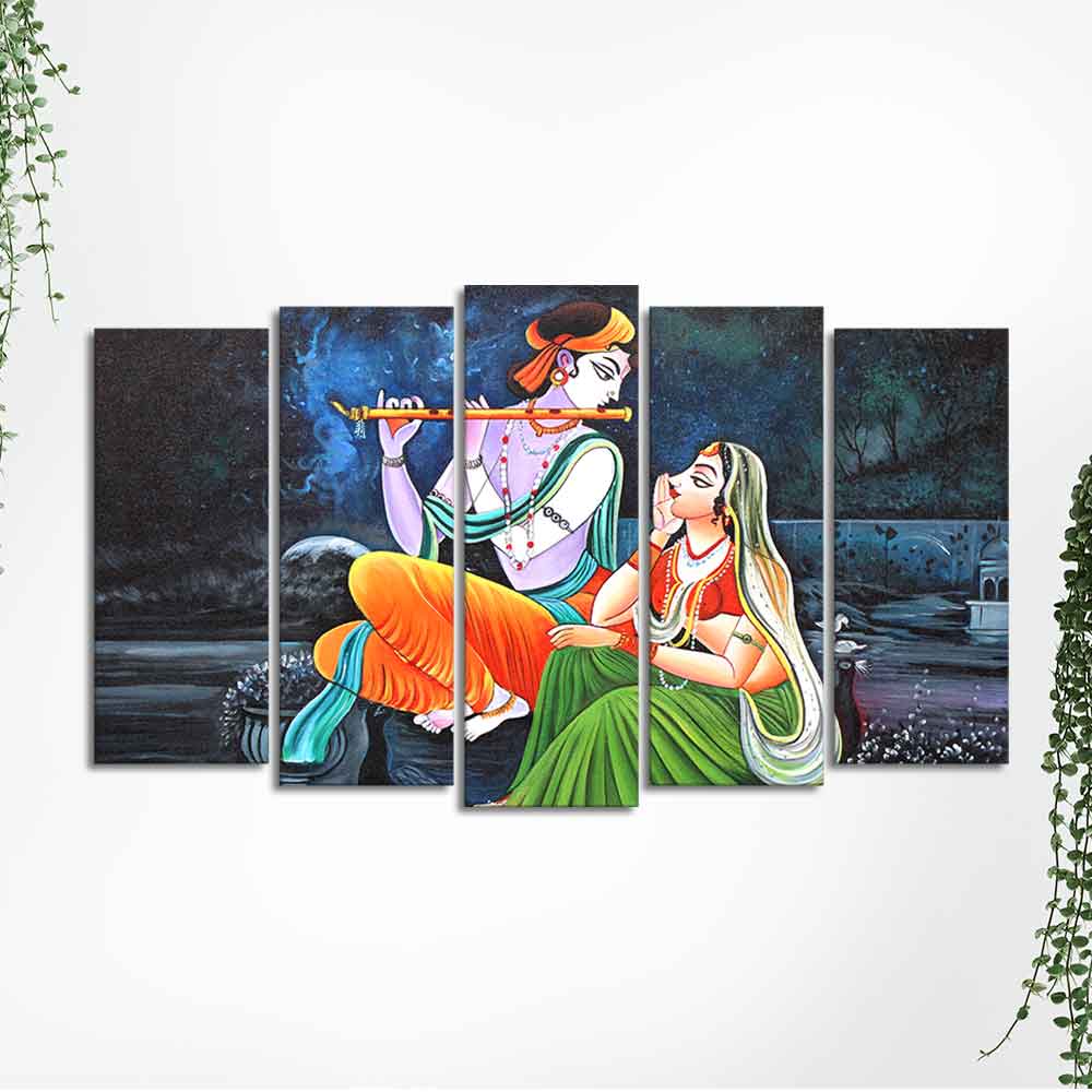 Lord Radha Krishna in Dark Forest Set of Five Pieces Wall Painting - Image 5