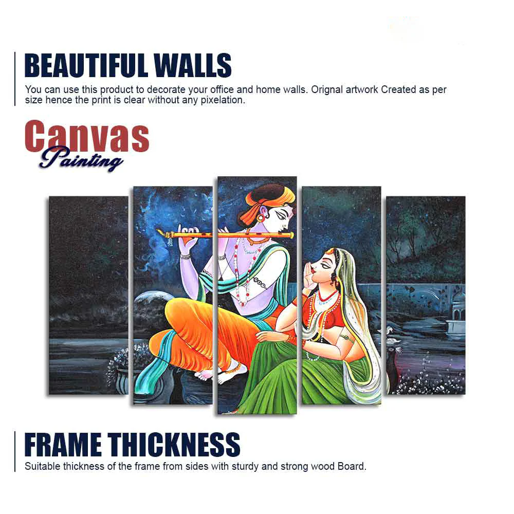 Lord Radha Krishna in Dark Forest Set of Five Pieces Wall Painting - Image 6