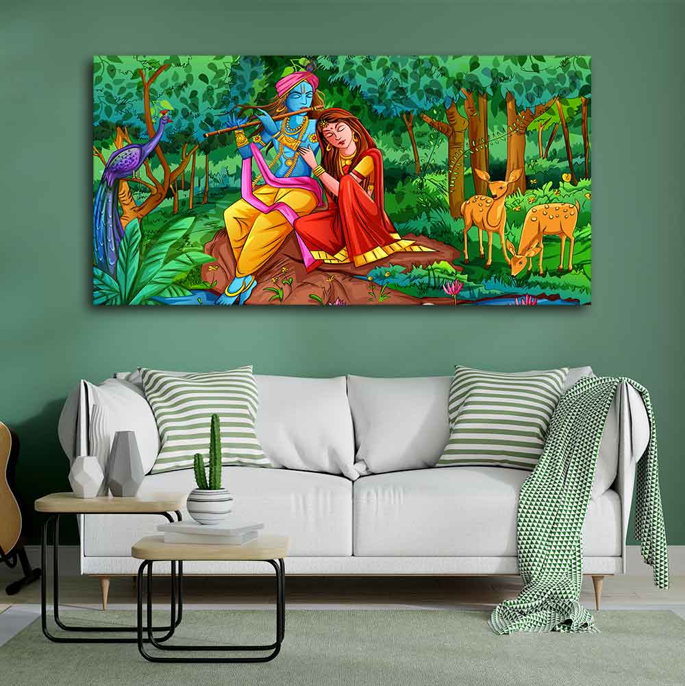 Lord Radha Krishna in Forest Wall Painting - Image 2
