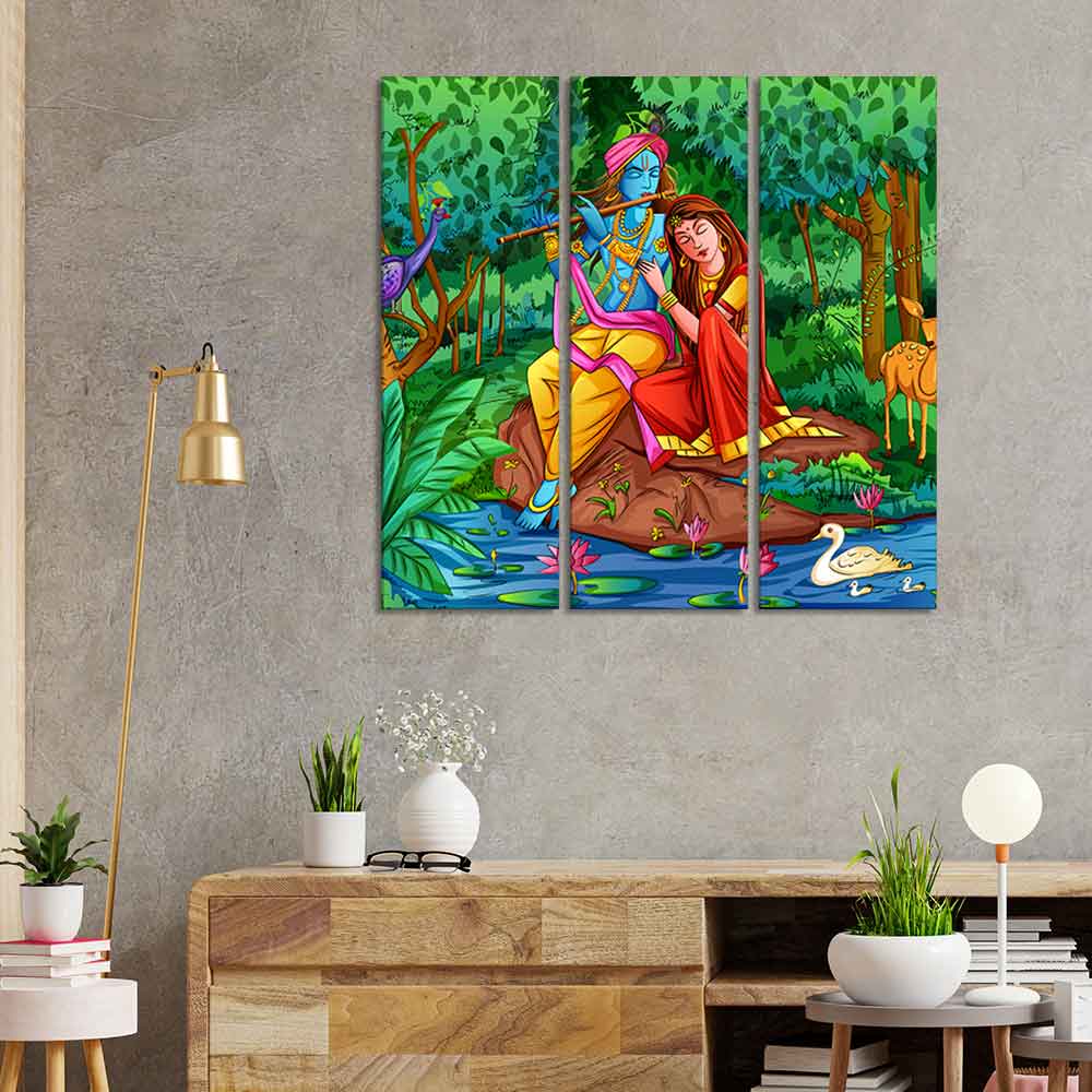 Lord Radha Krishna in Forest Wall Painting 3 Pieces - Image 3