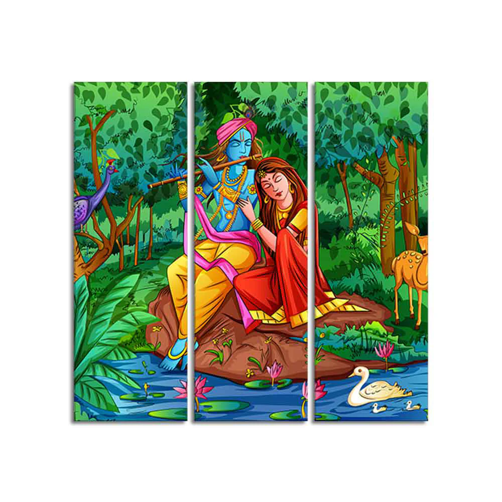 Lord Radha Krishna in Forest Wall Painting 3 Pieces - Image 4