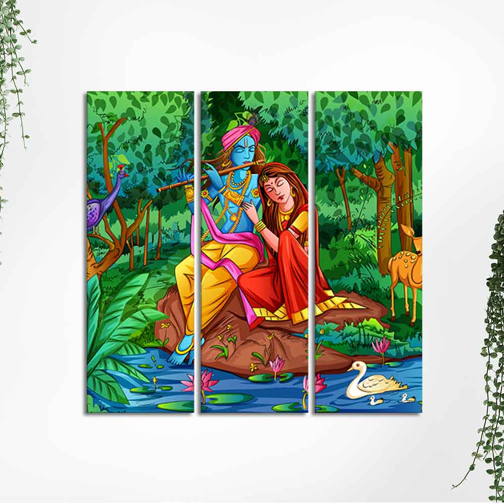 Lord Radha Krishna in Forest Wall Painting 3 Pieces - Image 5